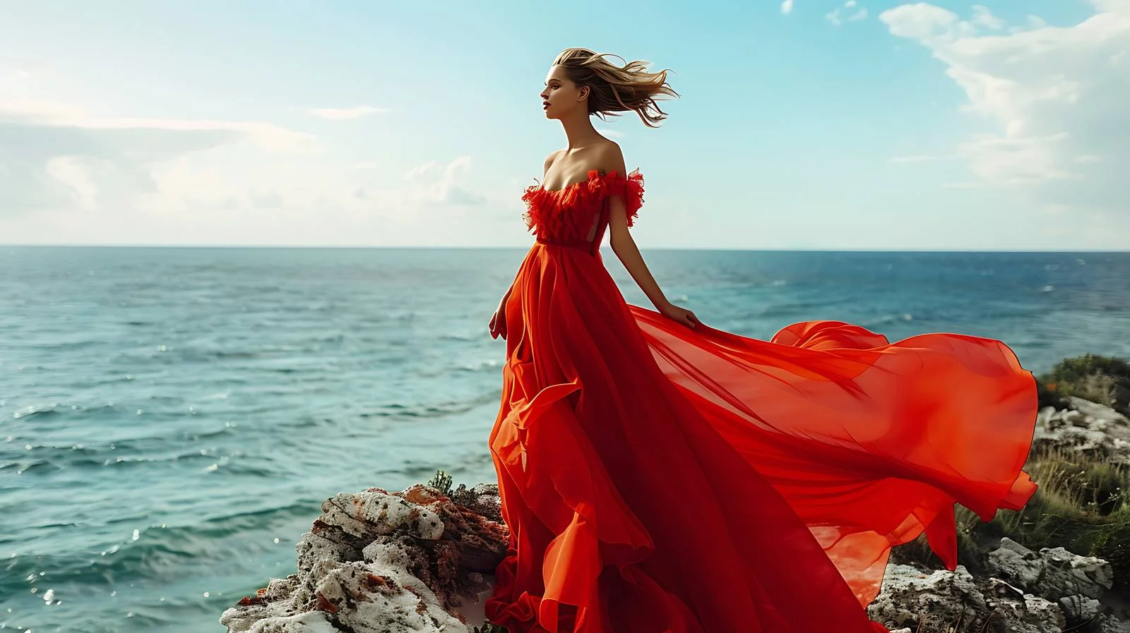 Elegantly Posing Fashion Model in Red — free download from Dotvec