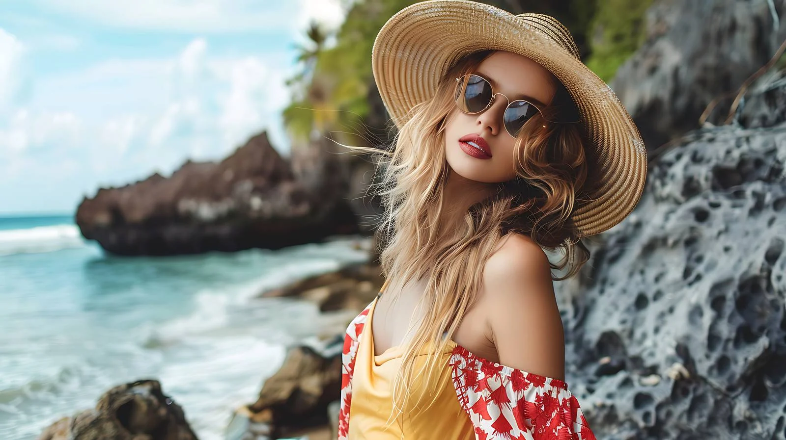 Fashion Model on Tropical Rocky Beach — free download from Dotvec