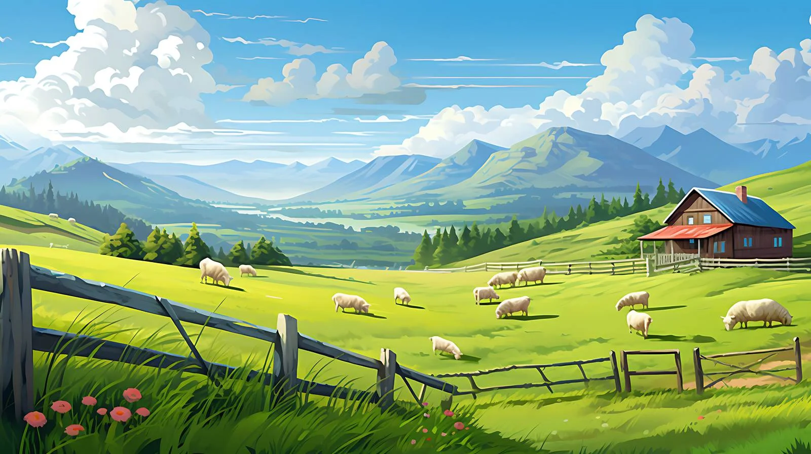 Idyllic Rural Scene with Grazing Farm Animals — free download from Dotvec