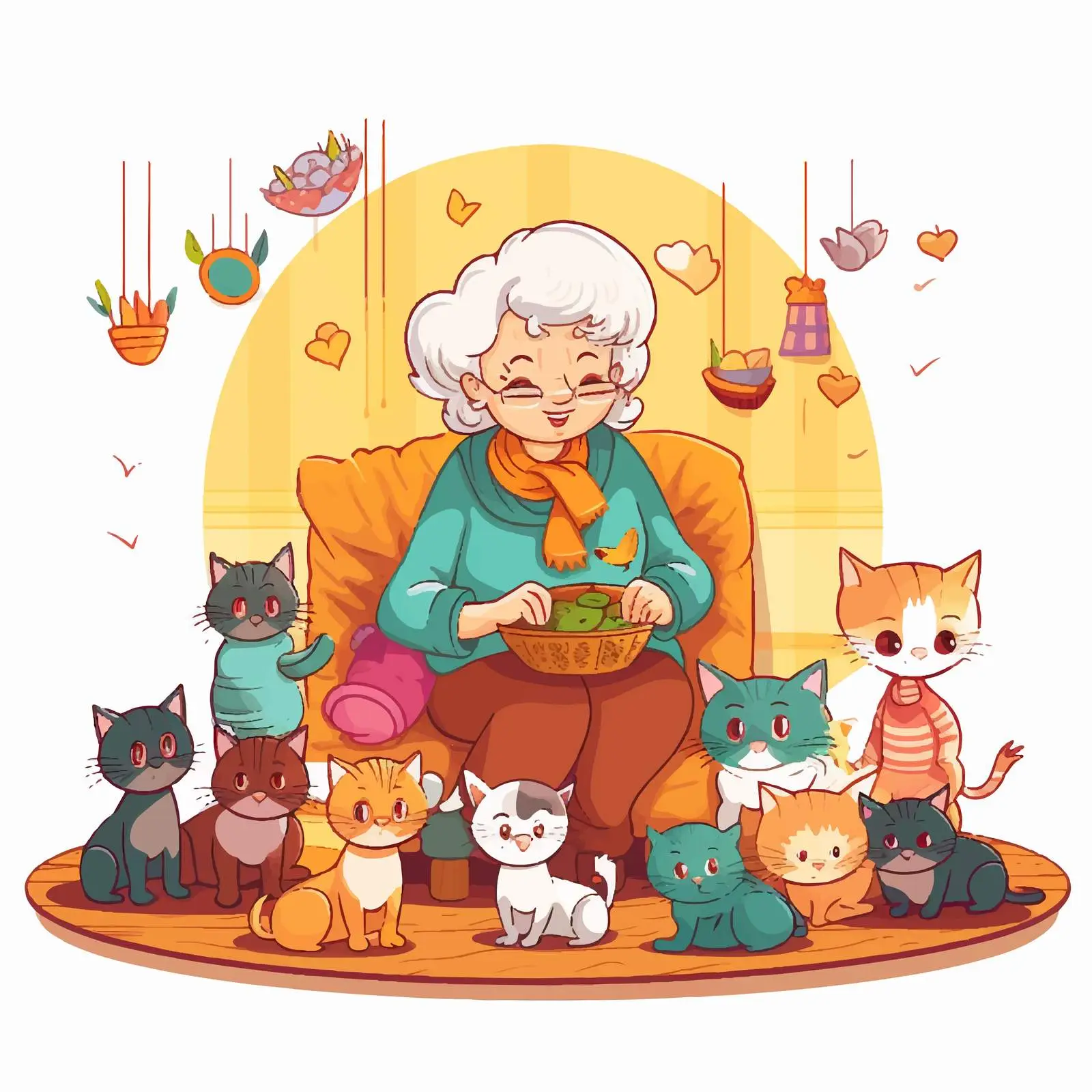 Grandma Knitting with Dogs and Cats Illustration — free download from Dotvec