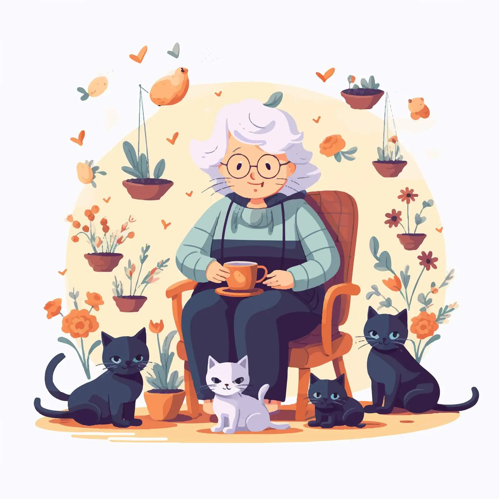 Grandma Knitting with Her Pets Illustration — free download from Dotvec