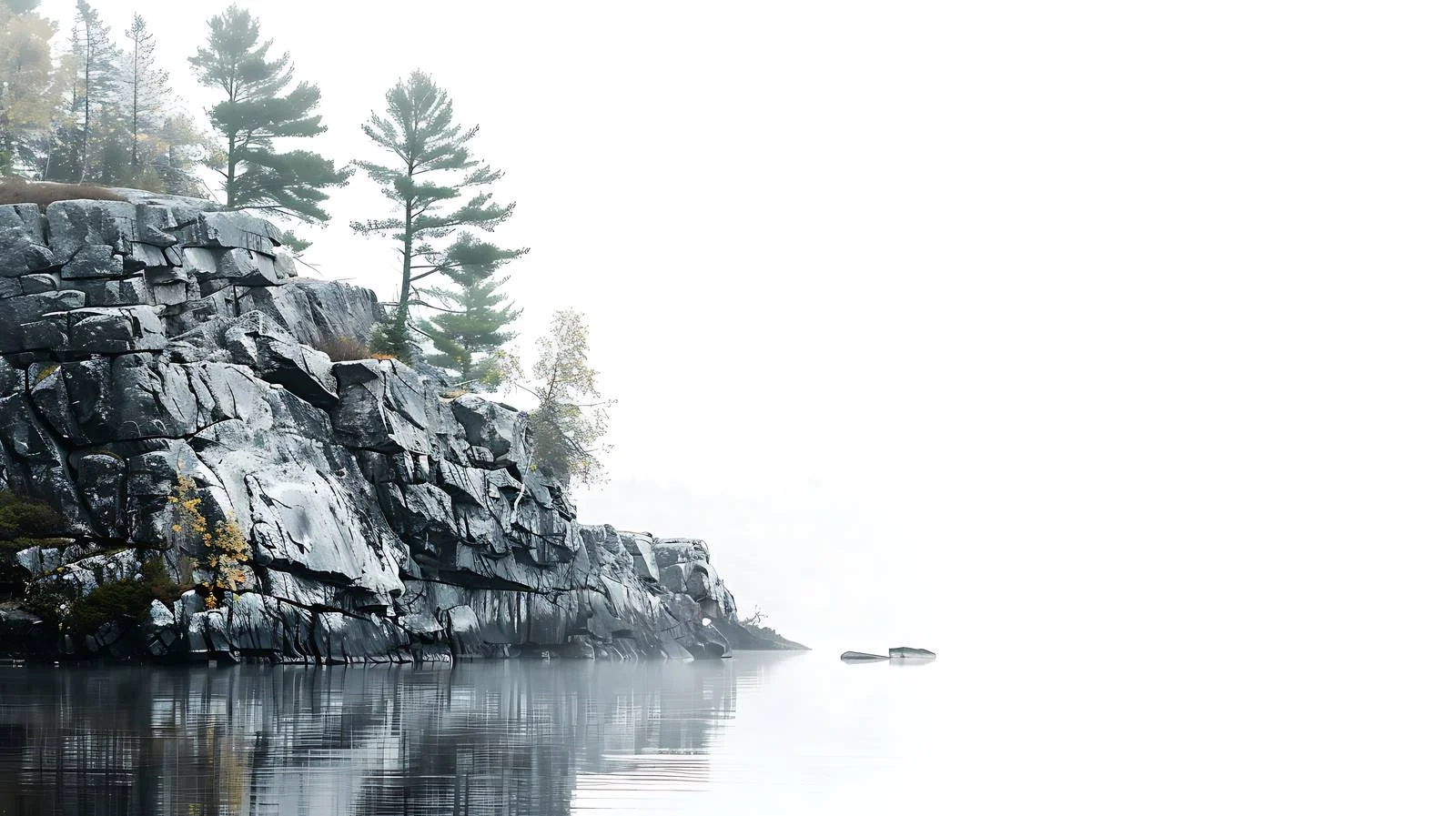 Majestic granite cliff, misty lake view — free download from Dotvec