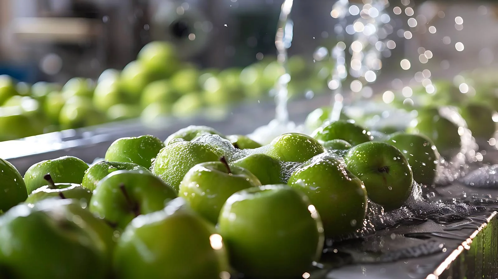 Industrial Cleaning of Green Apples in Factory — free download from Dotvec