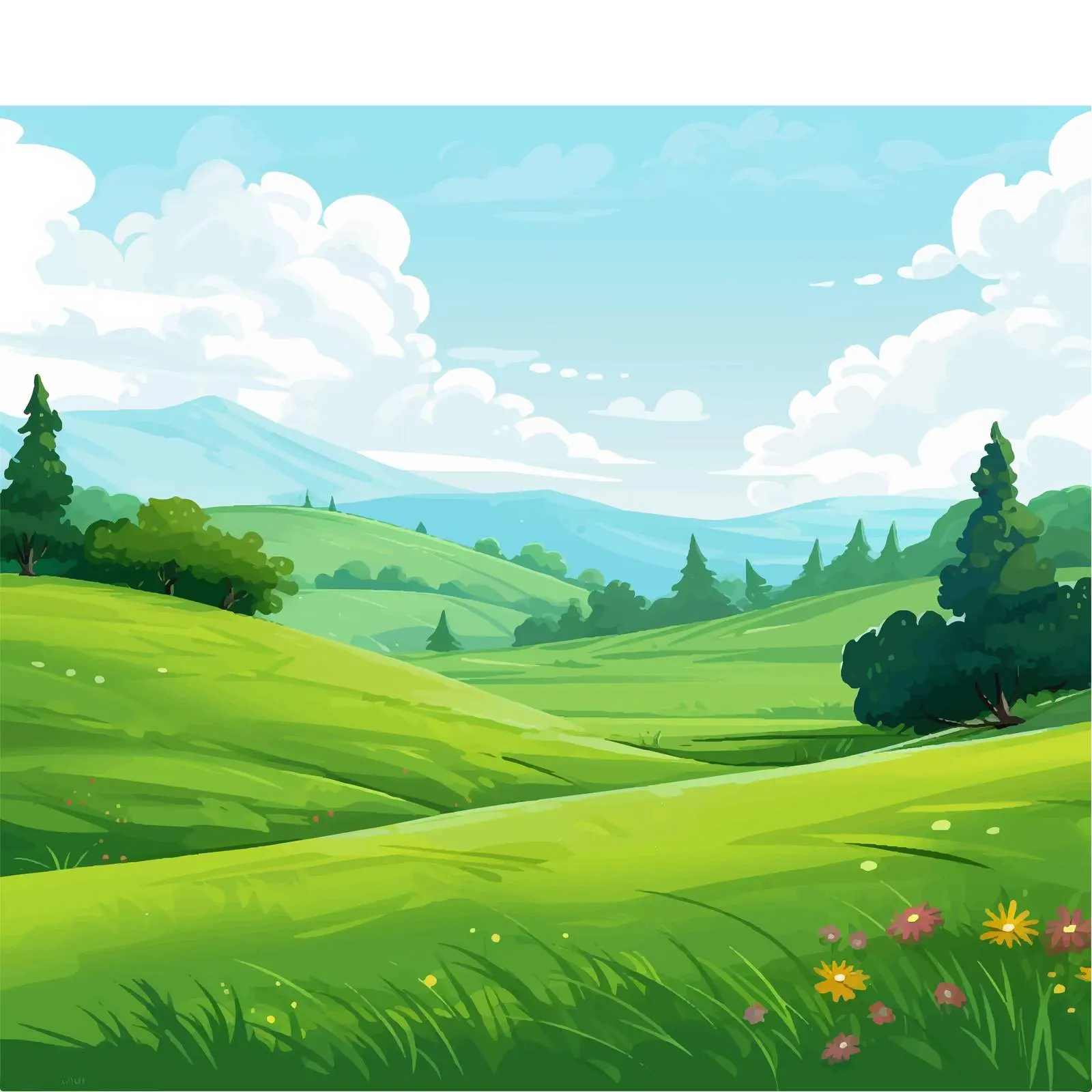 Green Field with Hills and Trees Vector Art — free download from Dotvec