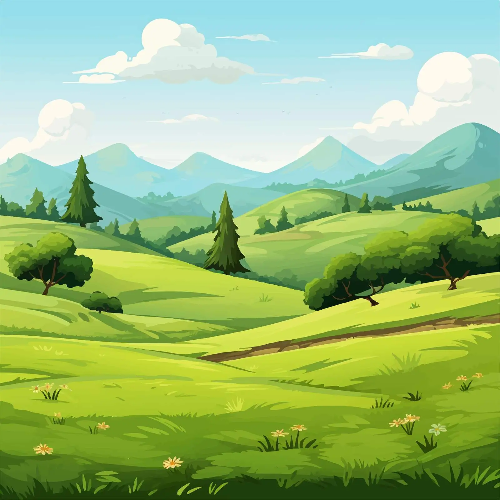 Green Field With Hills and Trees Vector Illustration — free download from Dotvec