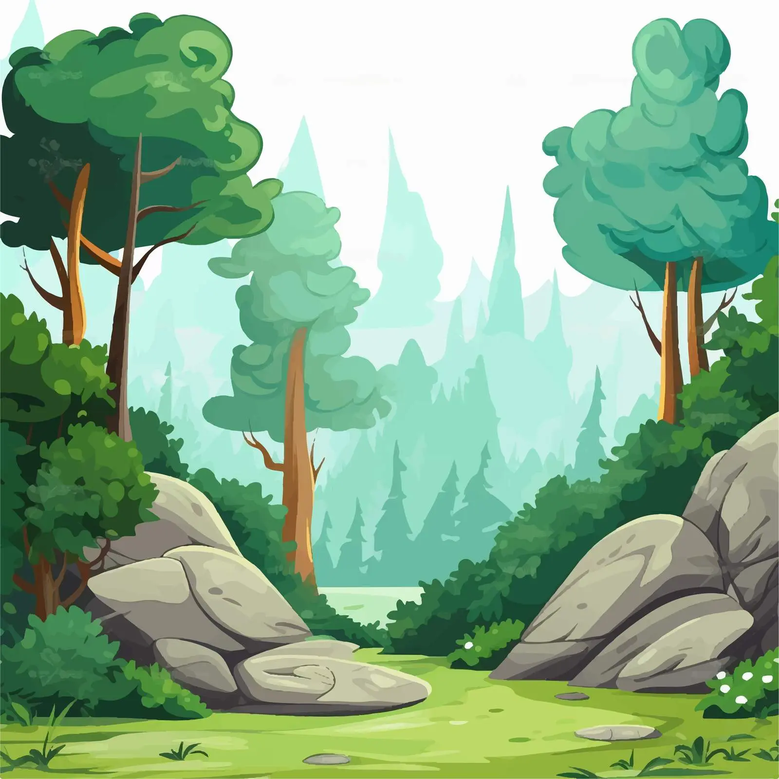 Cartoon Green Forest Scene with Trees and Rocks — free download from Dotvec