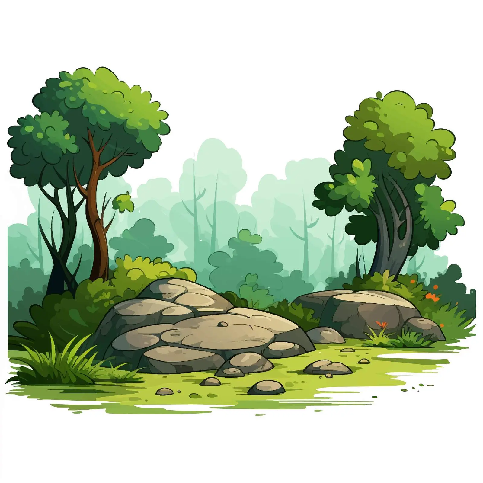 Cartoon Green Forest Scene with Trees and Rocks — free download from Dotvec