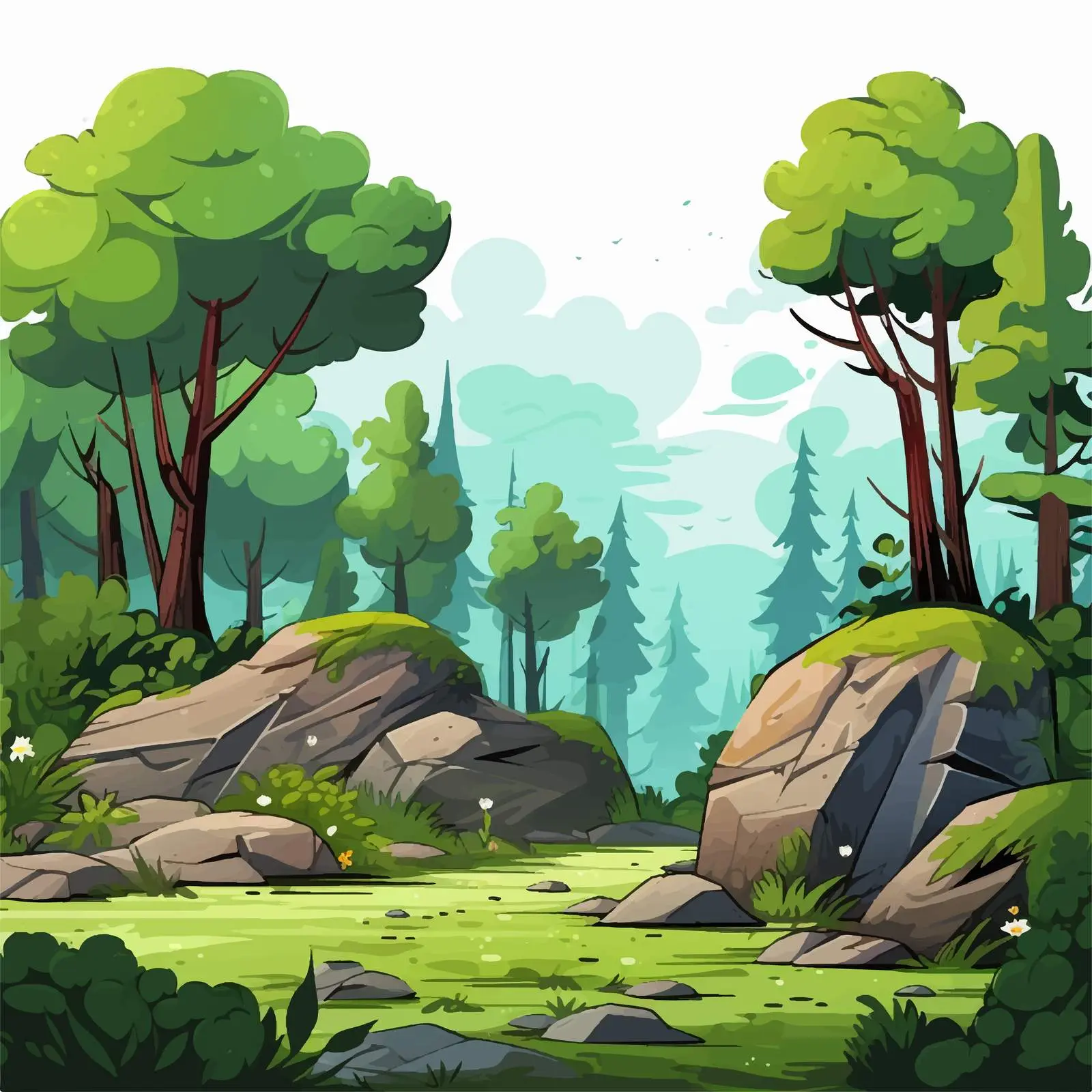 Cartoon Green Forest Scene with Trees and Rocks — free download from Dotvec