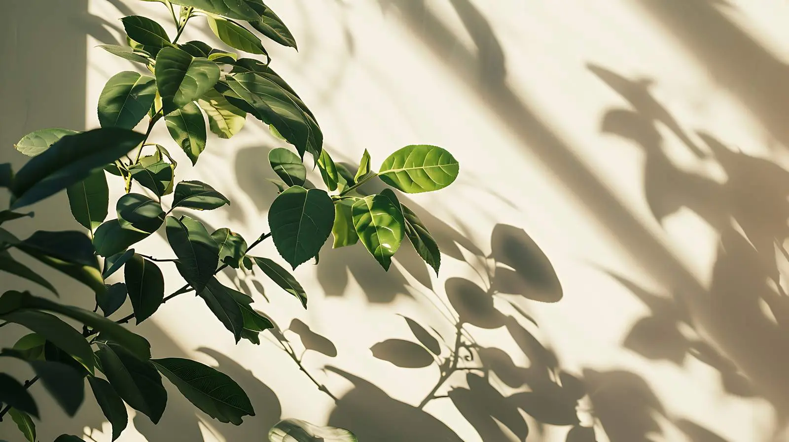 Green Leaves and Sunlight Shadows on Beige Wall — free download from Dotvec