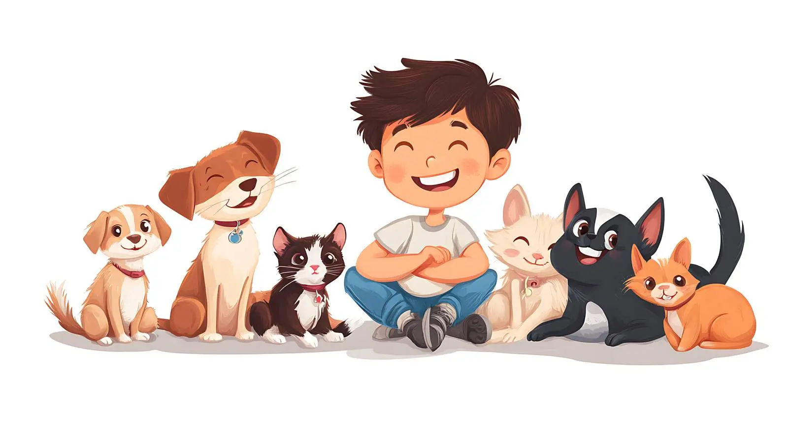 Cheerful Boy with Happy Pets on White Background — free download from Dotvec