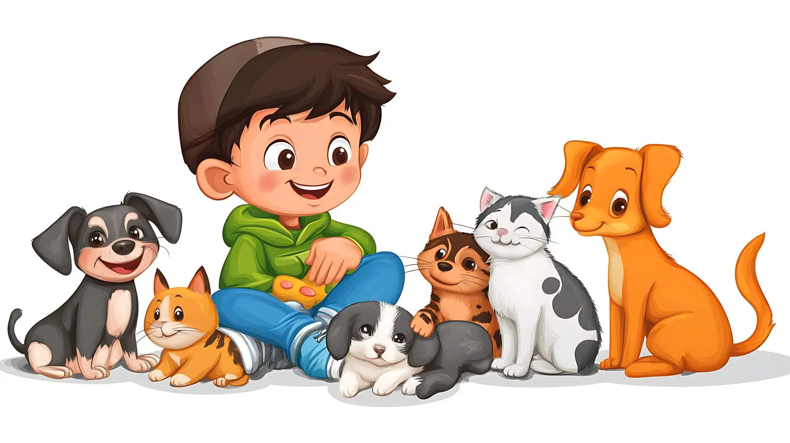 Cheerful Boy with Pets on White Background — free download from Dotvec