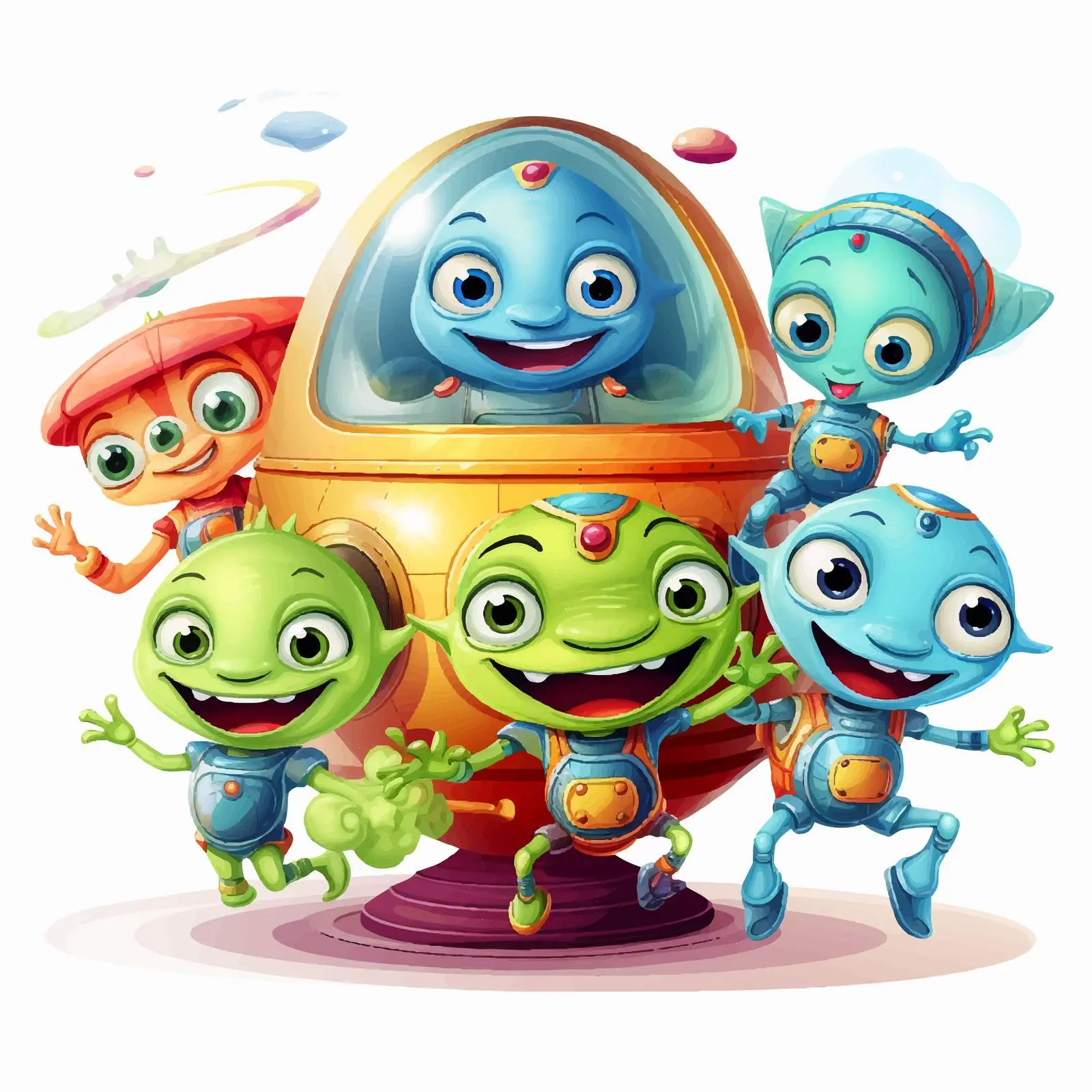 Cheerful Aliens with Spaceship Vector Illustration — free download from Dotvec