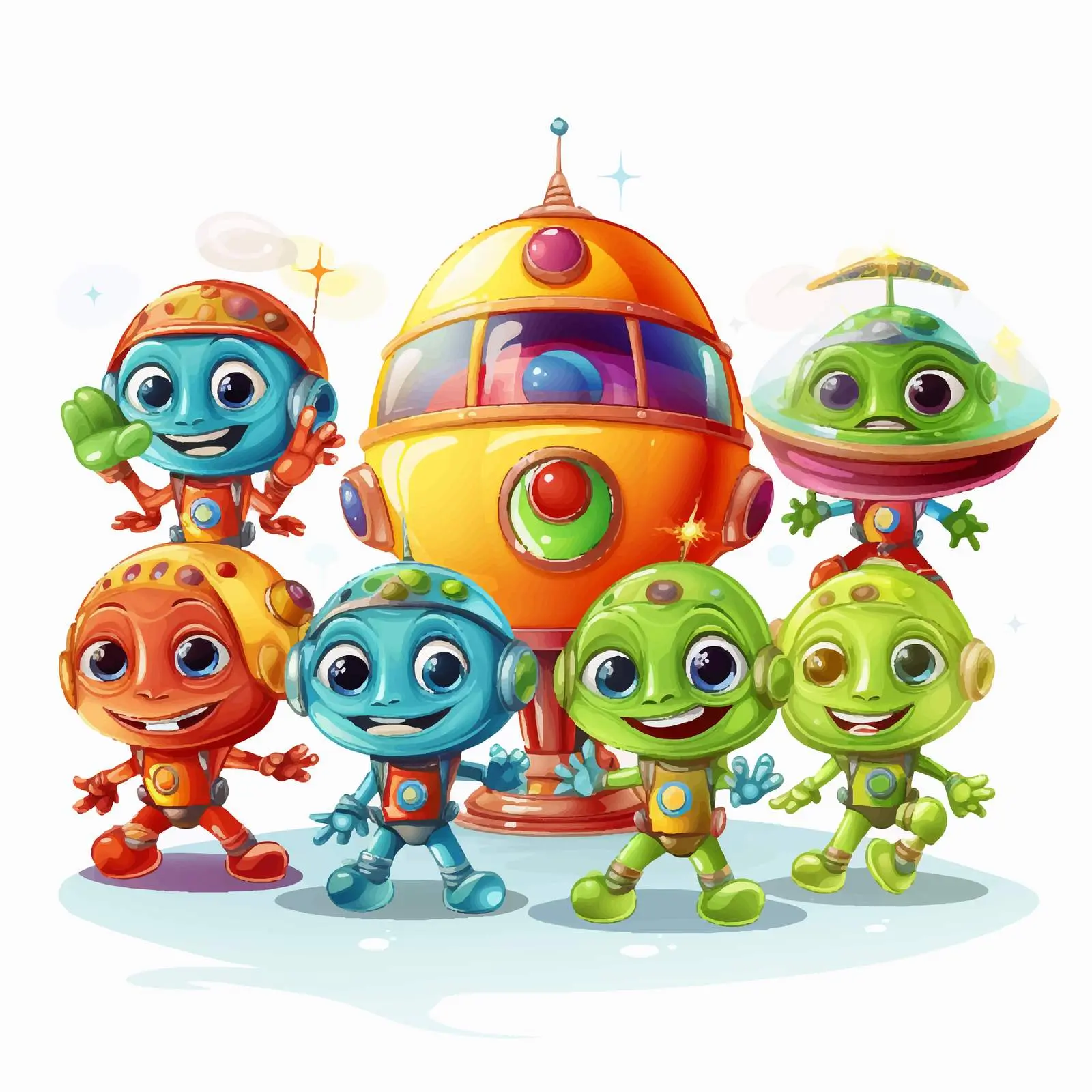 Cheerful Cartoon Aliens with Spaceship Vector — free download from Dotvec
