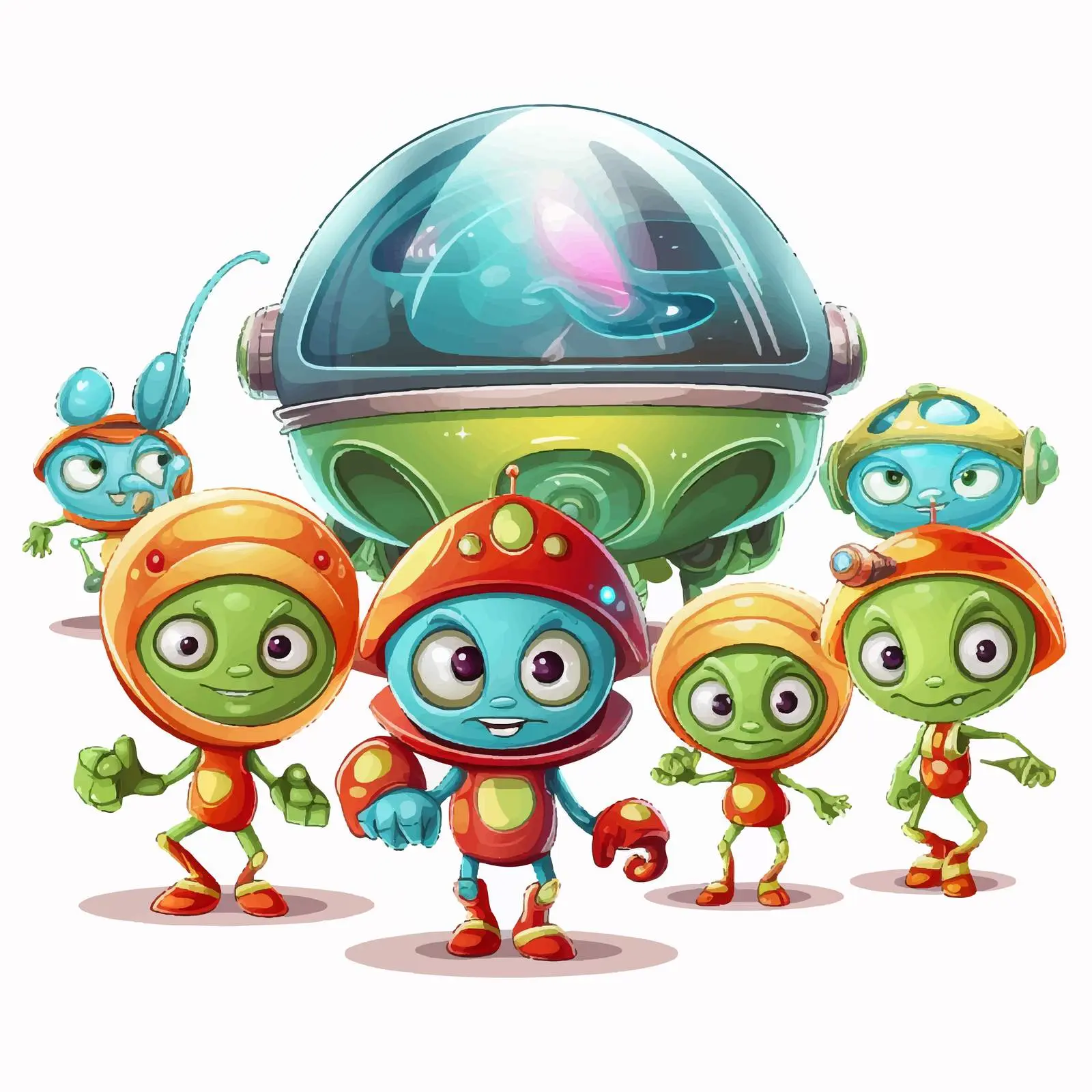 Cheerful Cartoon Aliens with Spaceship Vector — free download from Dotvec