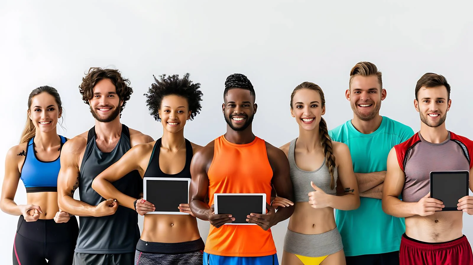 Joyful athletes with post-workout tablet — free download from Dotvec