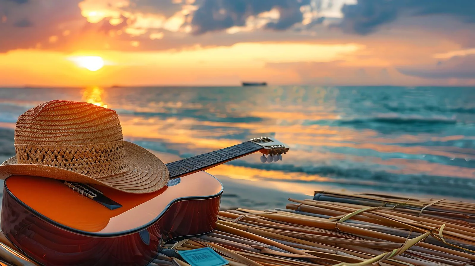 Seaside Guitar and Hat Sunset Scene — free download from Dotvec