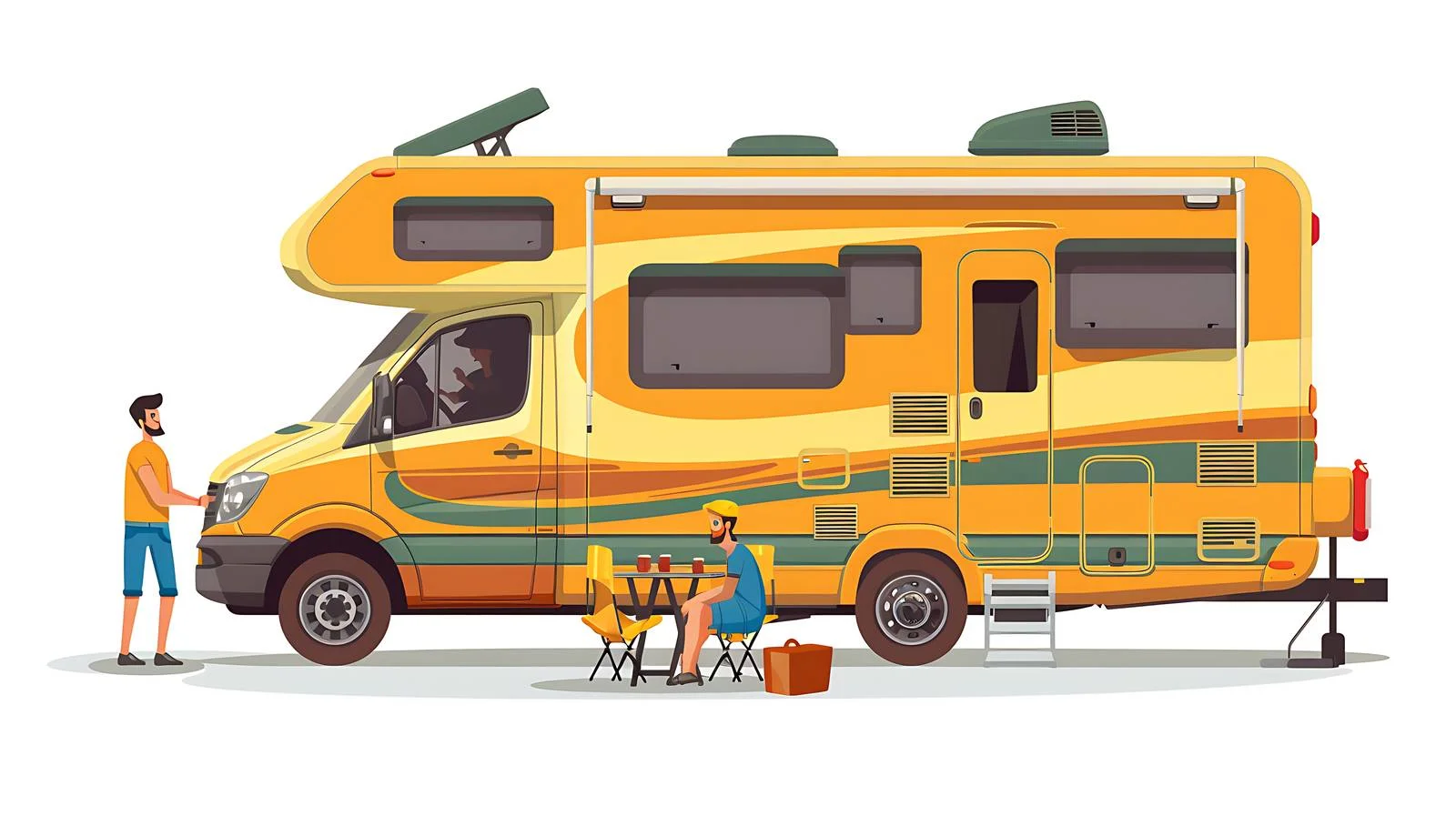Men prepare camp in motorhome interior — free download from Dotvec