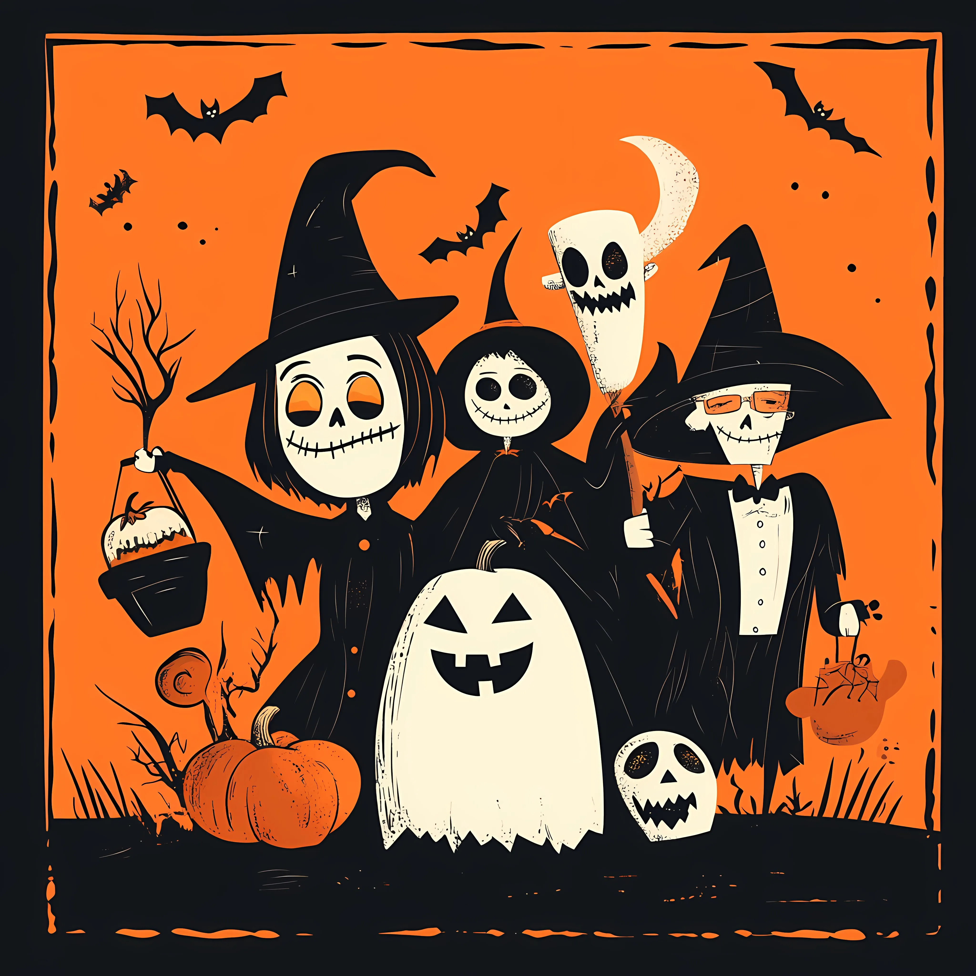 Halloween Card with Cartoon Characters Illustration — free download from Dotvec