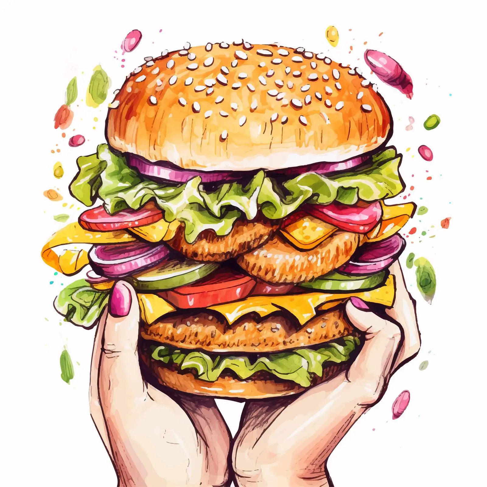 Hamburger with Onion in Hands Vector Art — free download from Dotvec