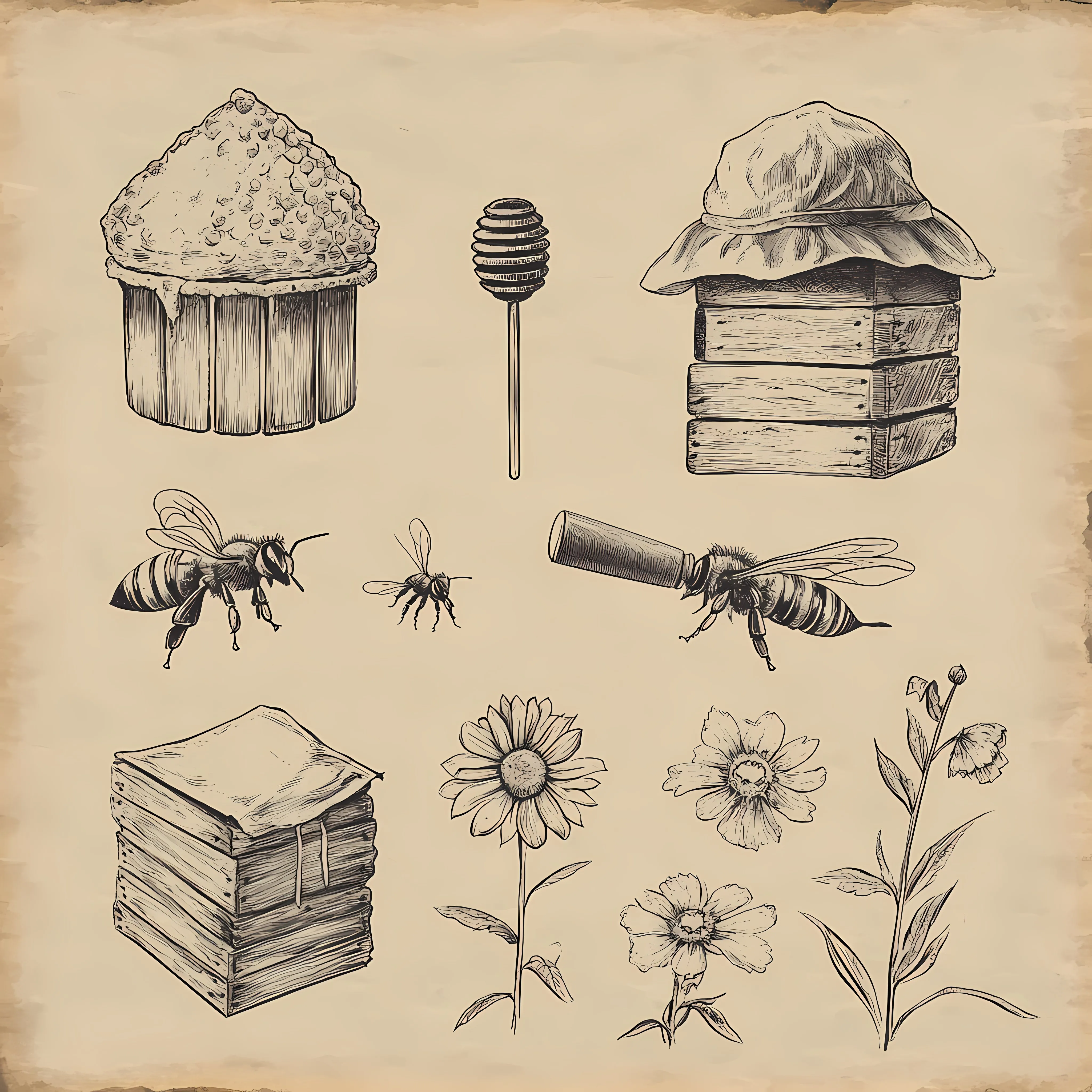 Hand Drawn Apiary Sketches and Honey Dip Set — free download from Dotvec