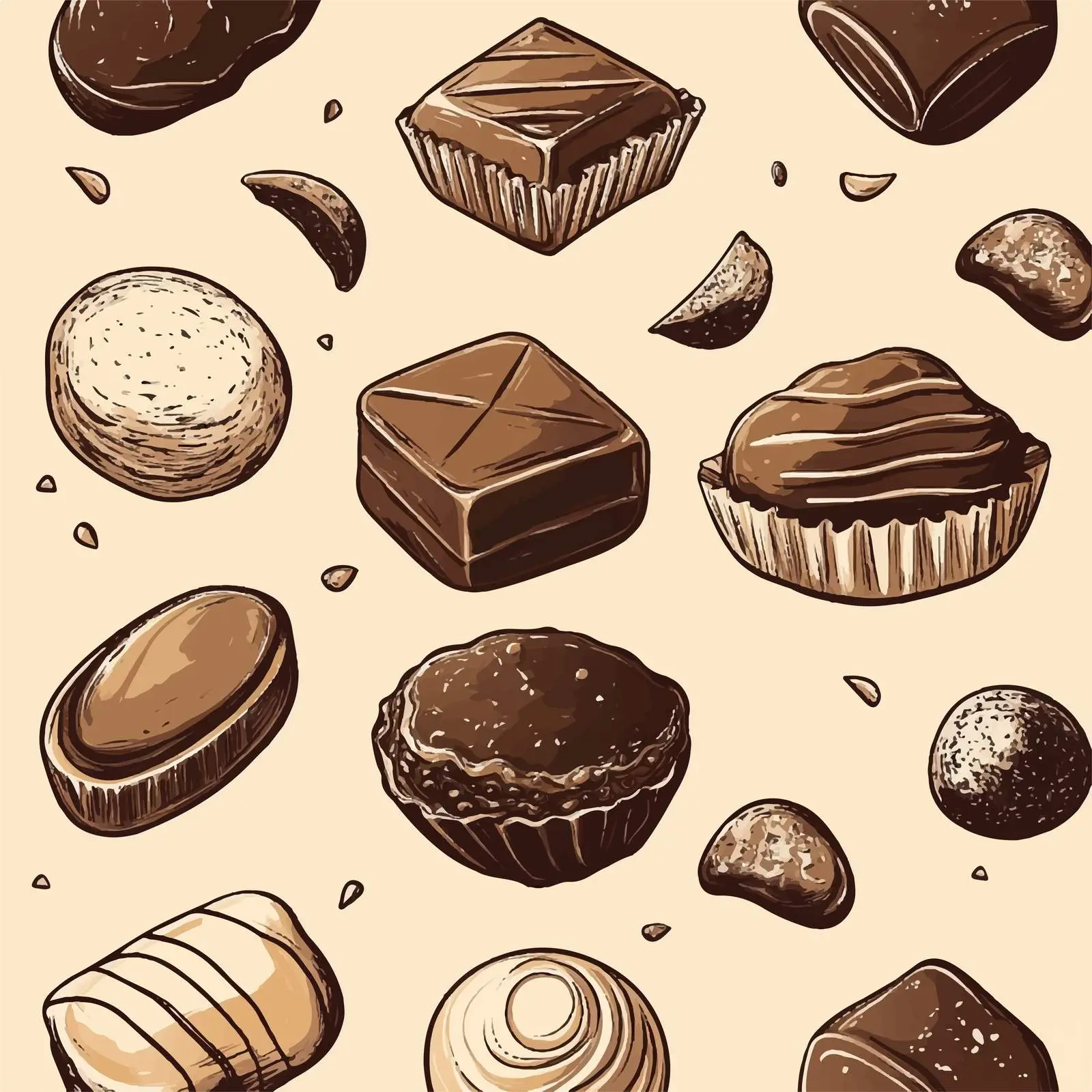 Hand-Drawn Isolated Chocolate Candies on Brown Background — free download from Dotvec