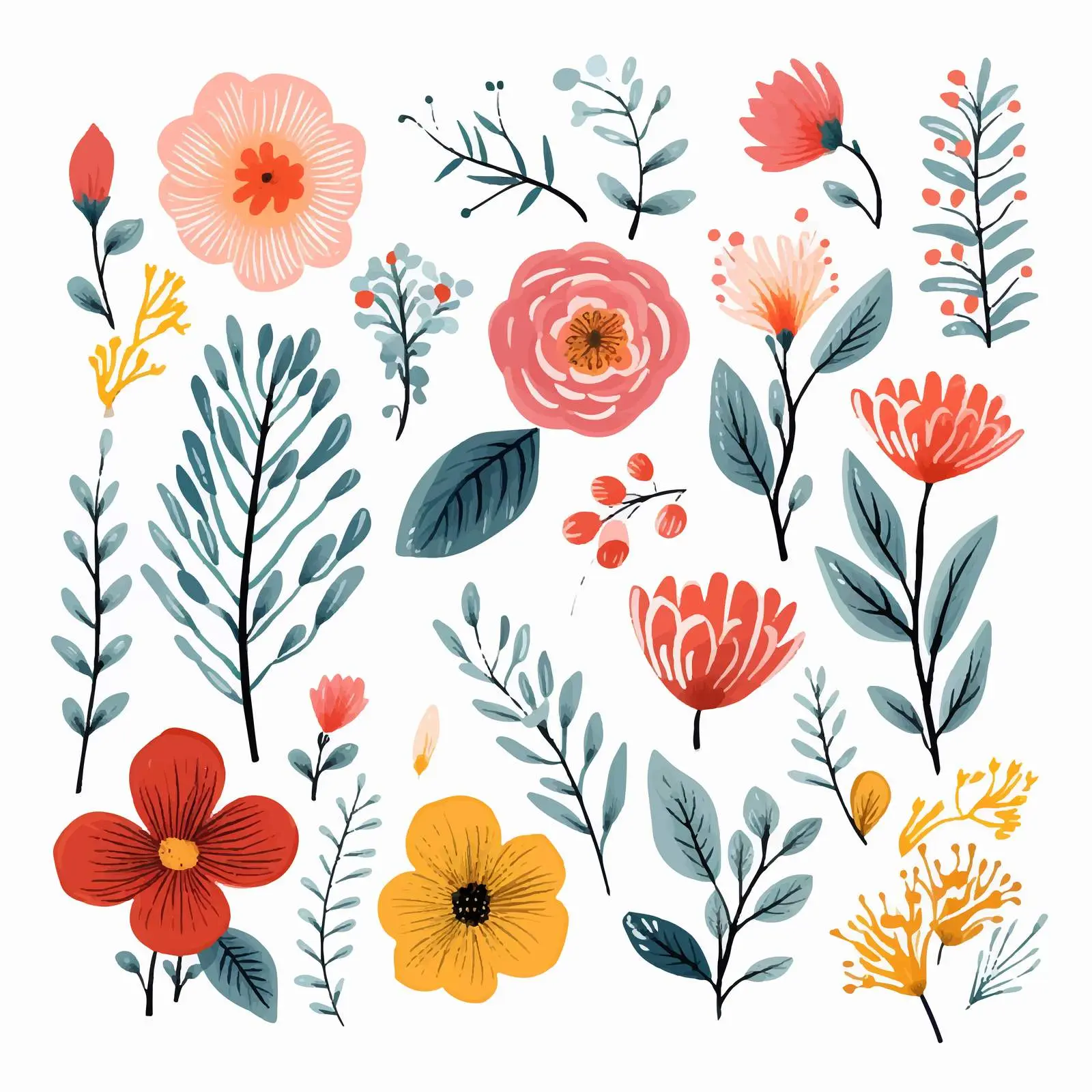 Colorful Hand-Drawn Floral Elements Collection – free botanical graphics image from Dotvec