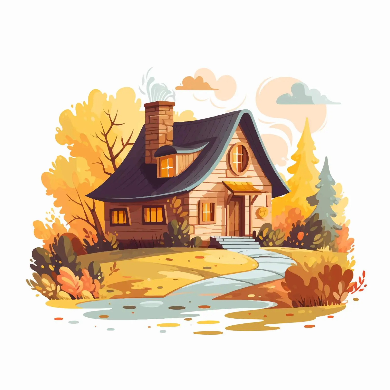 Hand-Drawn Autumn Countryside Landscape with Peasant Home — free download from Dotvec