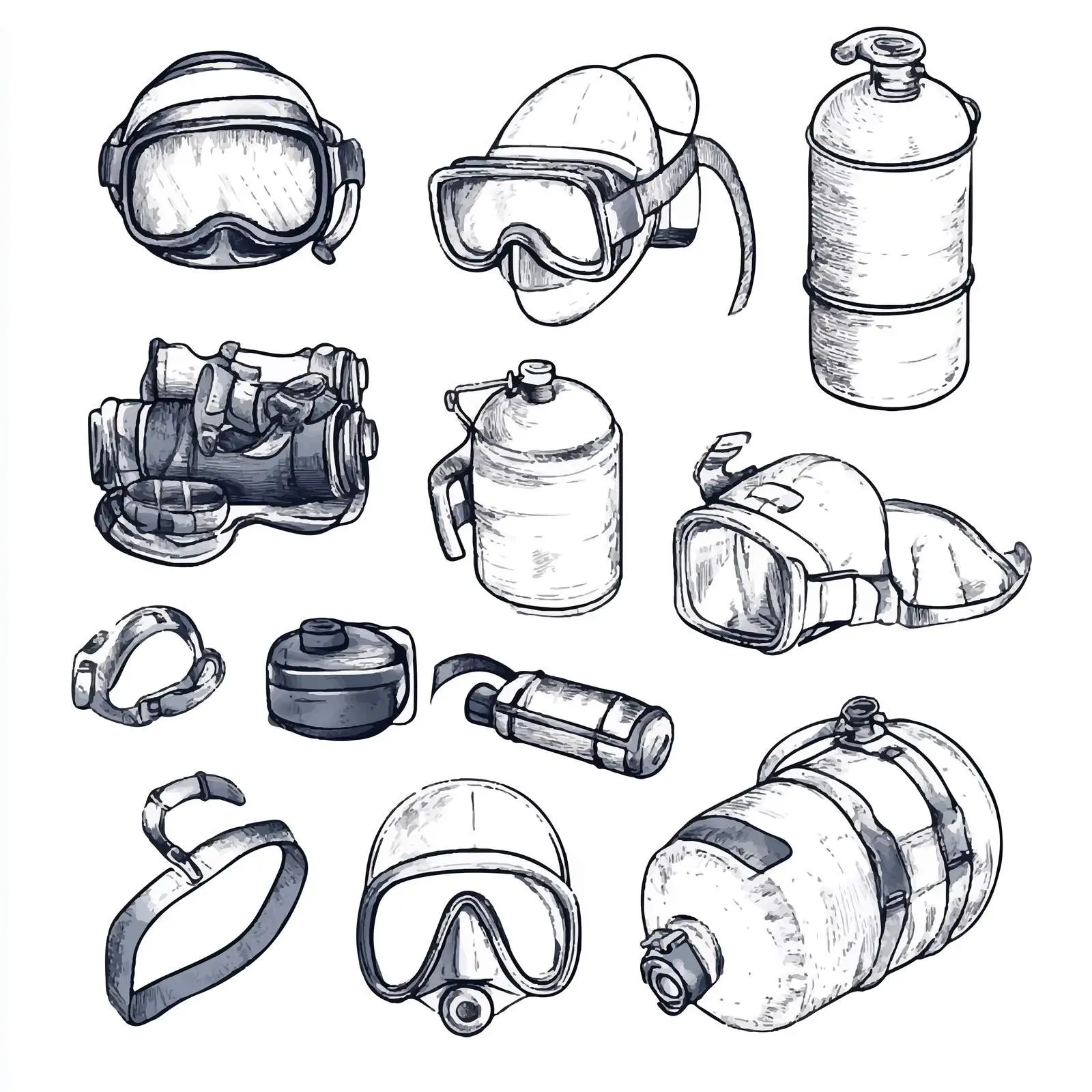 Hand-Drawn Diving Equipment Sketch Collection – free sketch set image from Dotvec