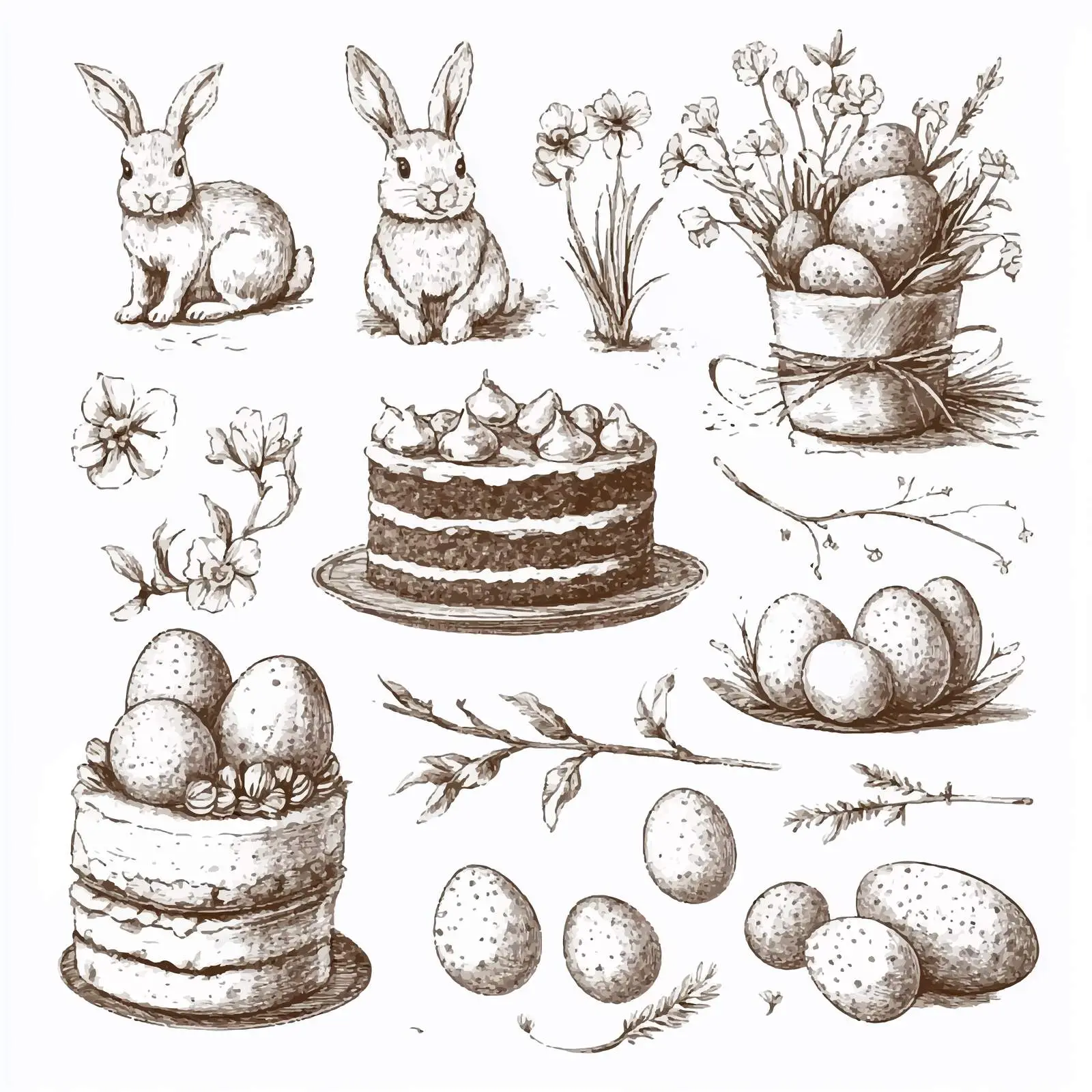 Hand Drawn Easter Collection with Cake, Rabbit, Eggs — free download from Dotvec