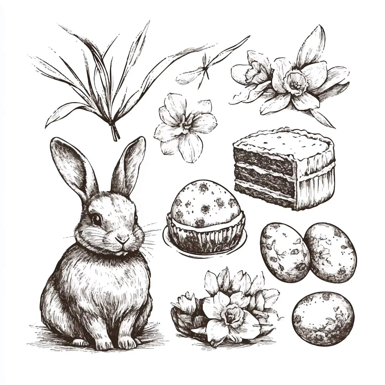 Hand Drawn Easter Collection with Cake, Rabbit, Eggs — free download from Dotvec