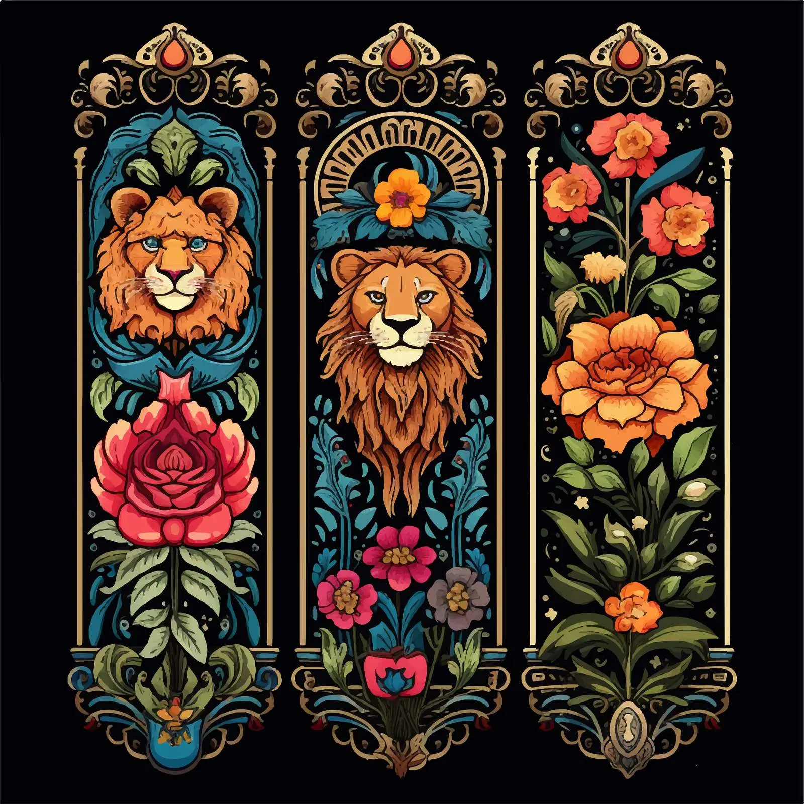 Fantasy Vector Set with Lions and Flowers — free download from Dotvec
