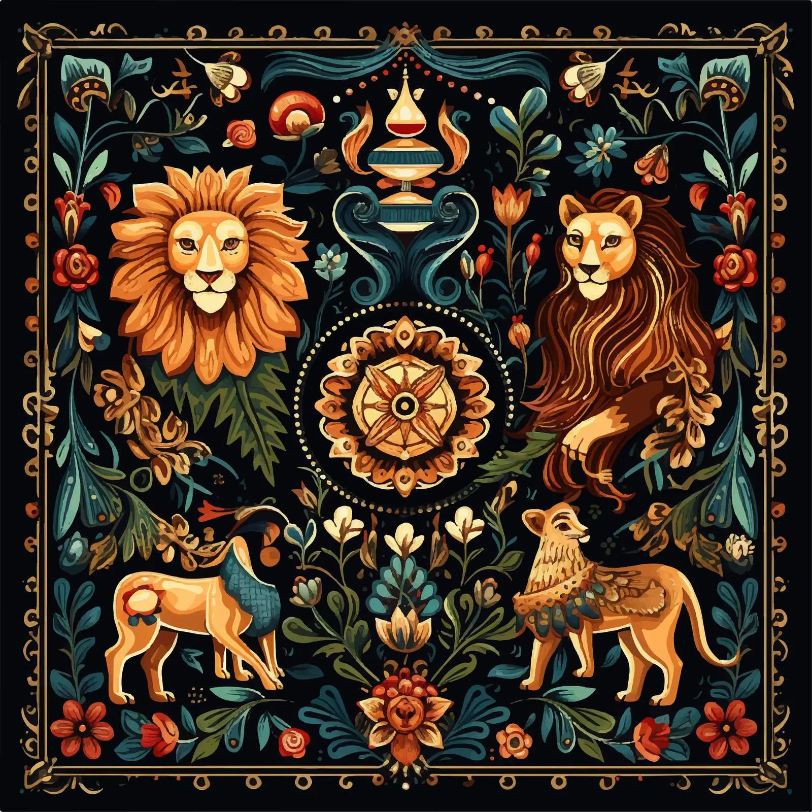Hand-Drawn Fantasy Lion and Flower Vector Set — free download from Dotvec