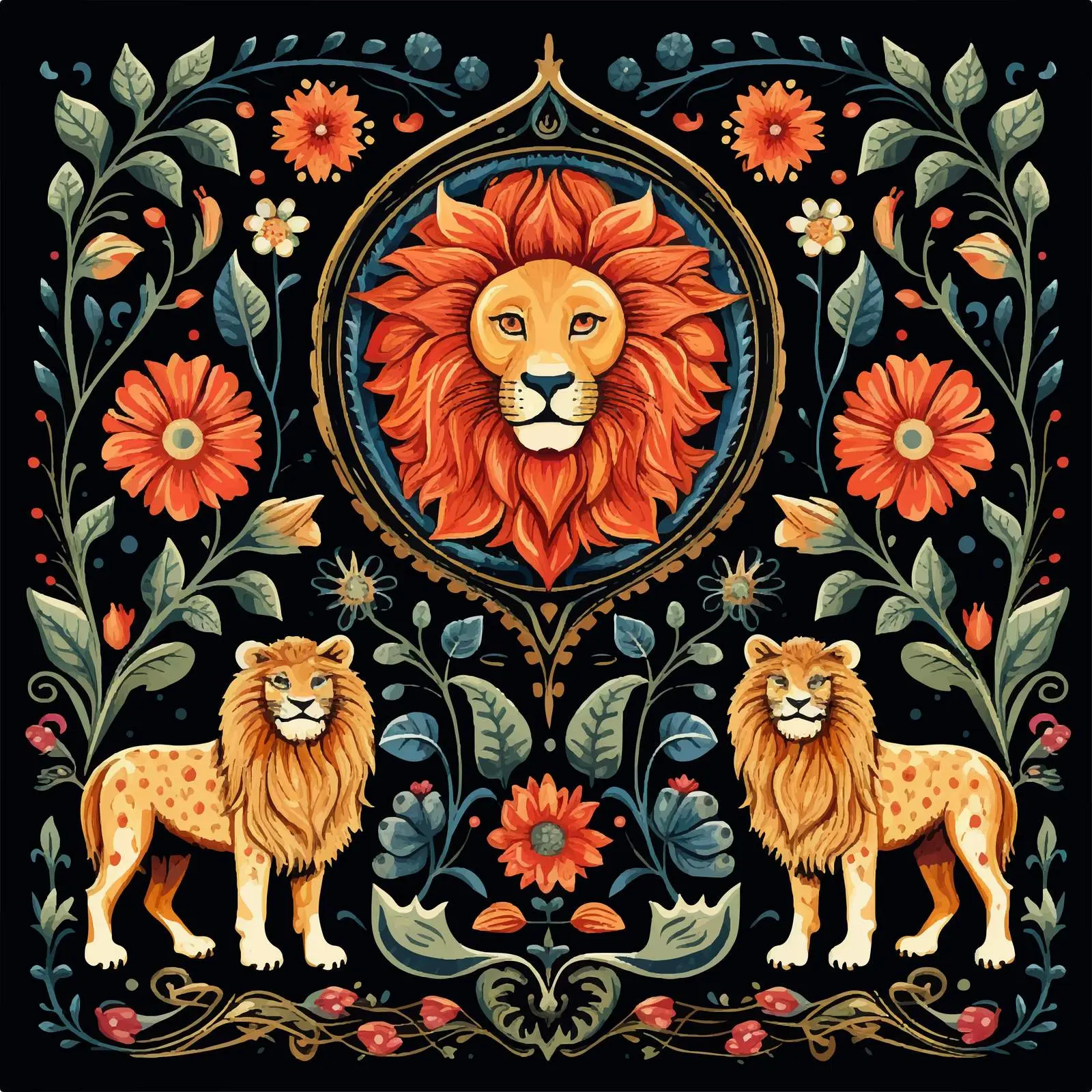 Fantasy Vector Set with Lions and Flowers — free download from Dotvec