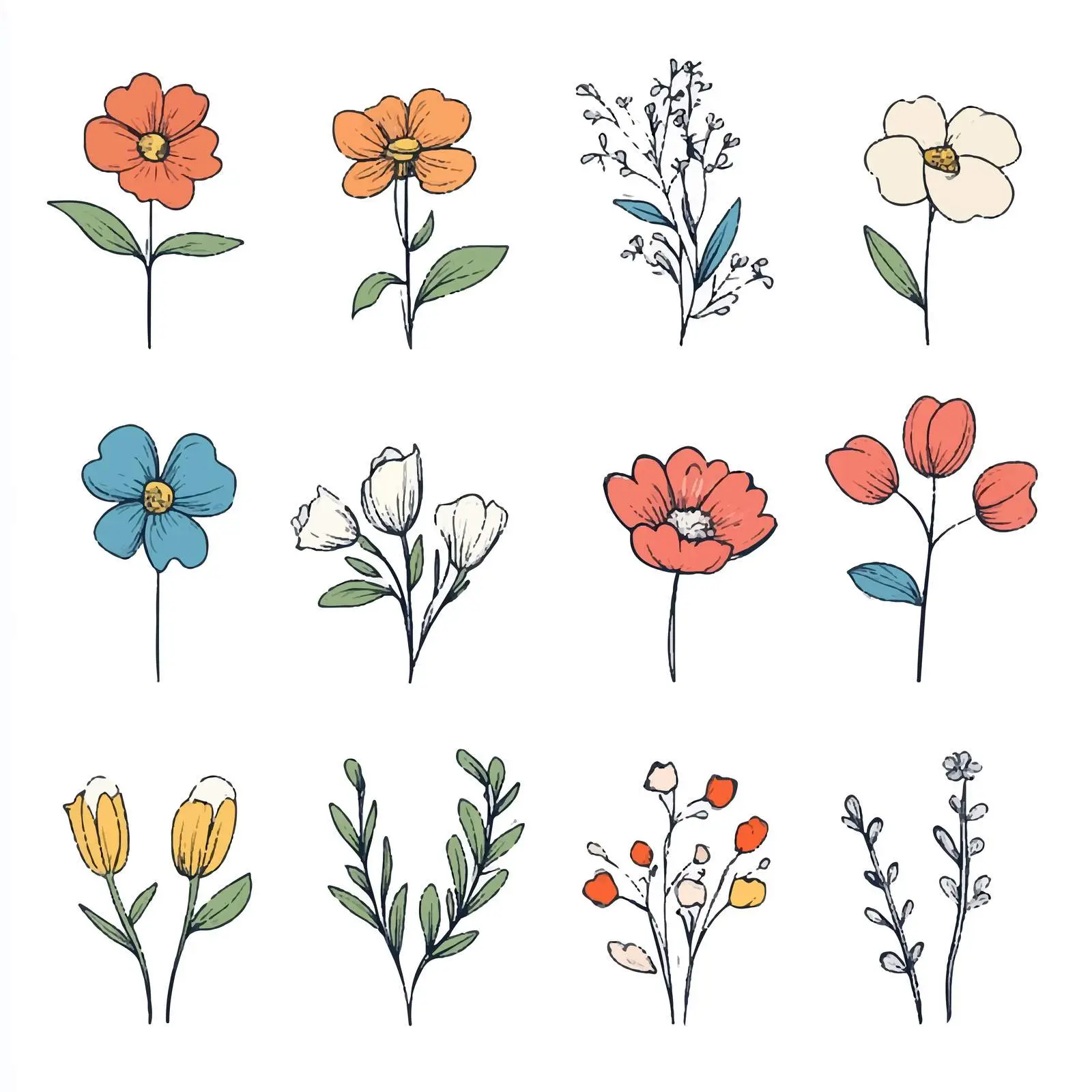Hand Drawn Isolated Flower Vectors on White Background — free download from Dotvec
