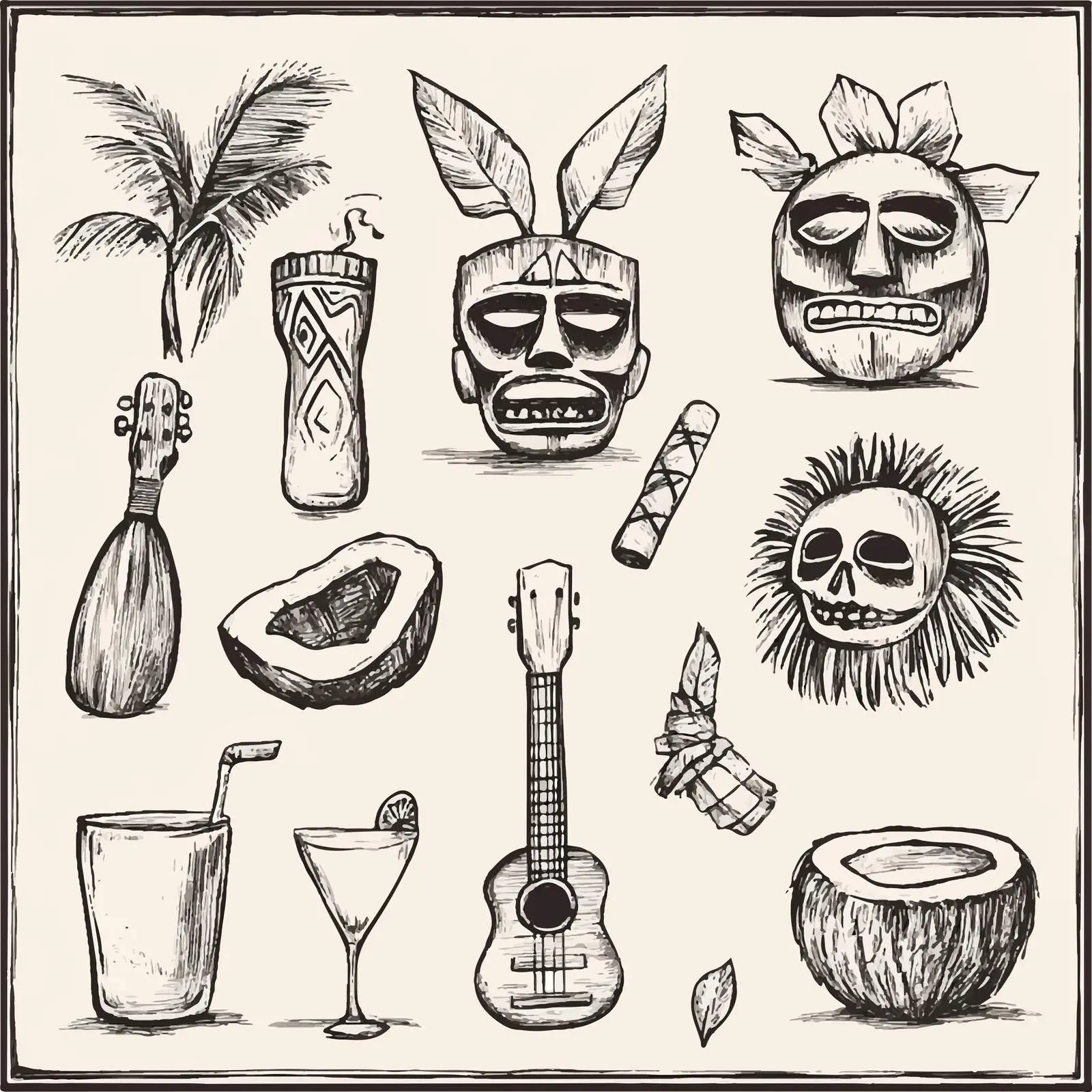 Hand-Drawn Hawaii Sketch Set with Ukulele — free download from Dotvec