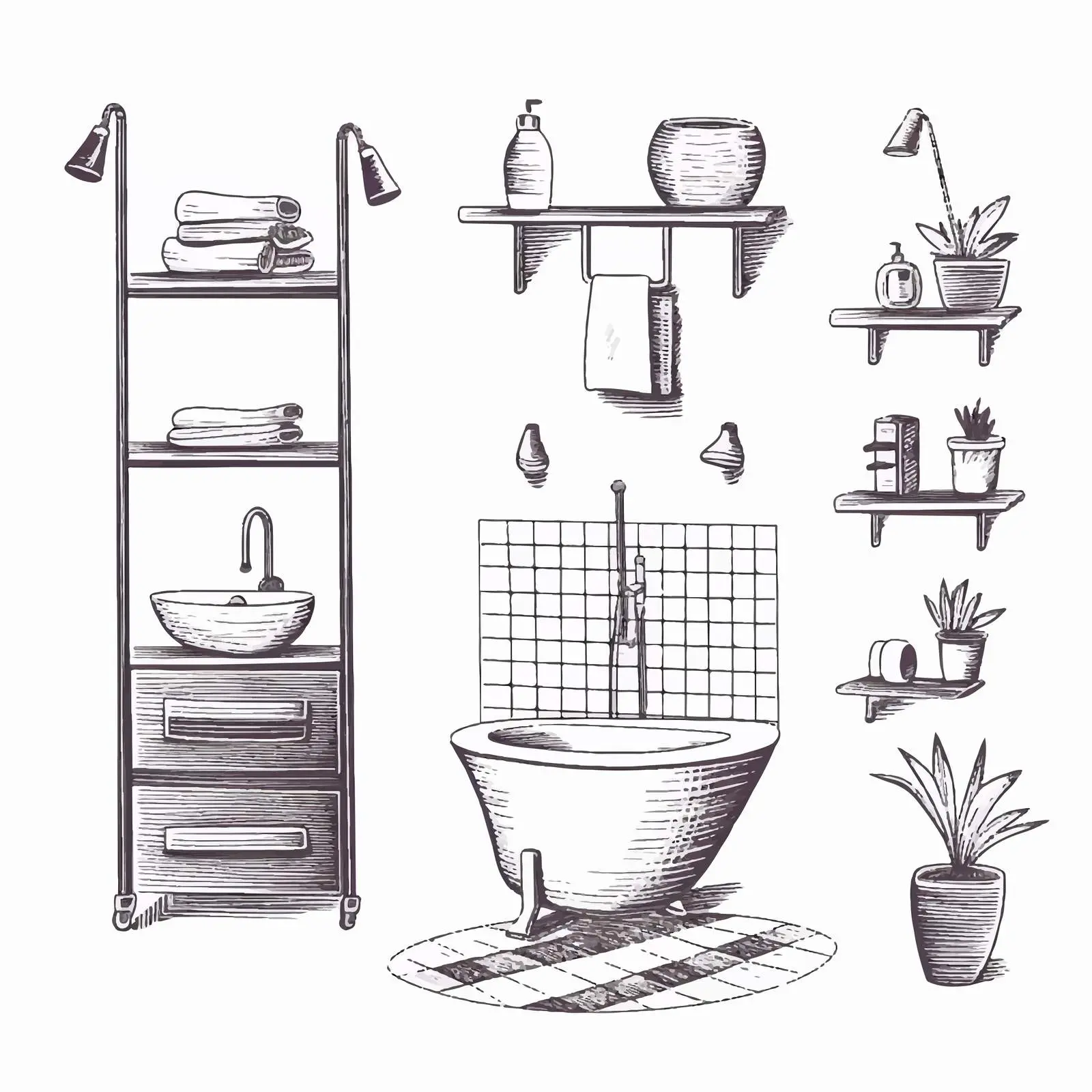 Hand-Drawn Modern Bathroom Interior Design — free download from Dotvec