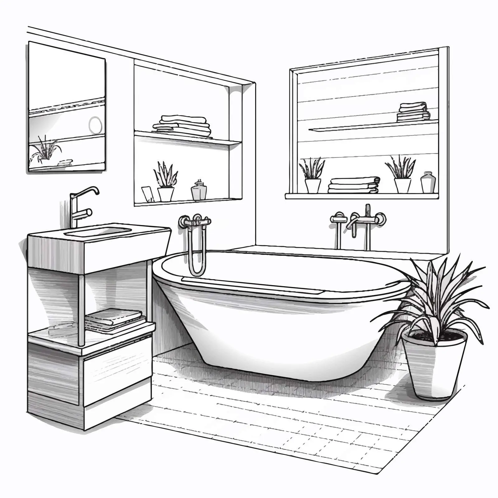 Modern Hand-Drawn Bathroom Interior Design Vector — free download from Dotvec
