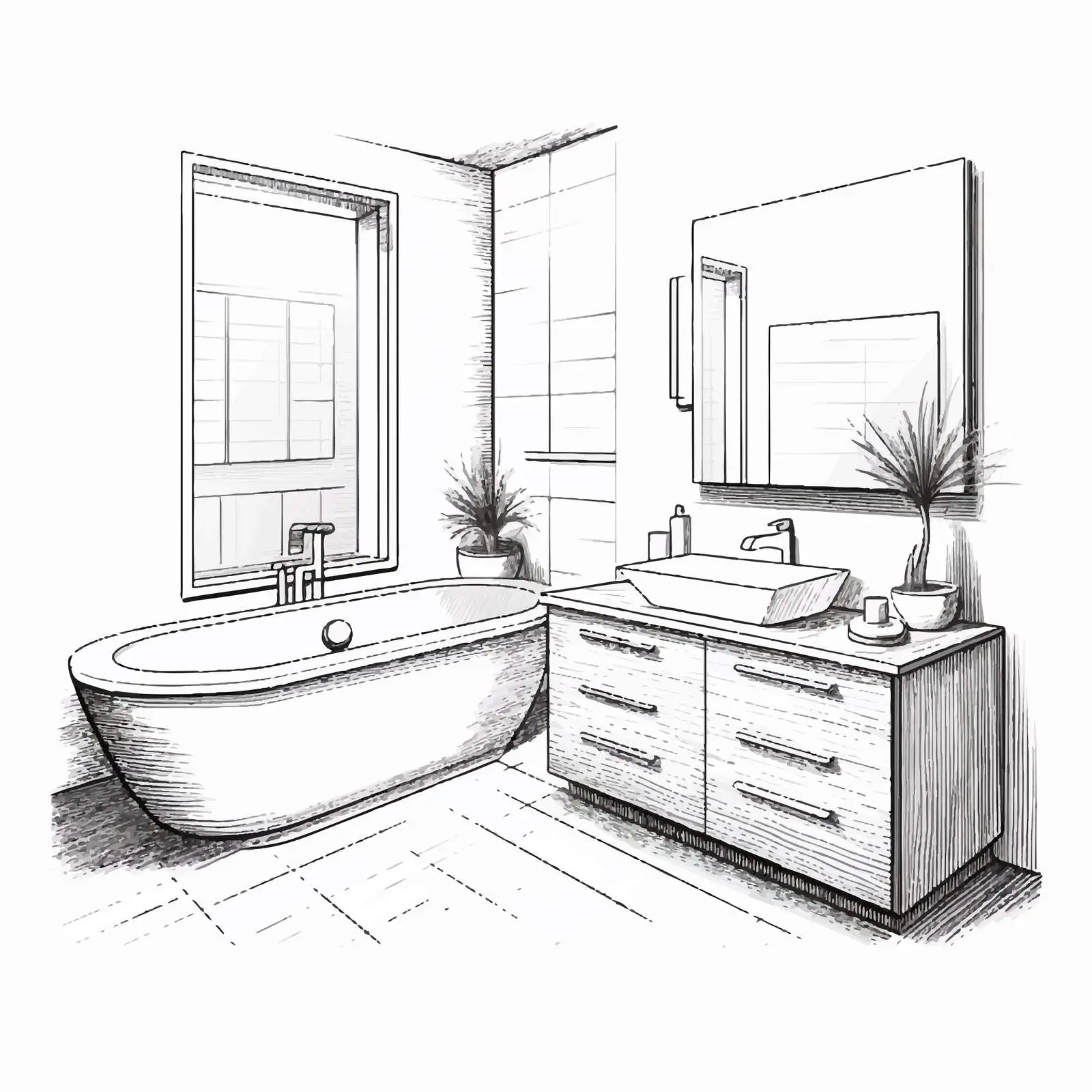Hand-Drawn Modern Bathroom Interior Design Vector — free download from Dotvec