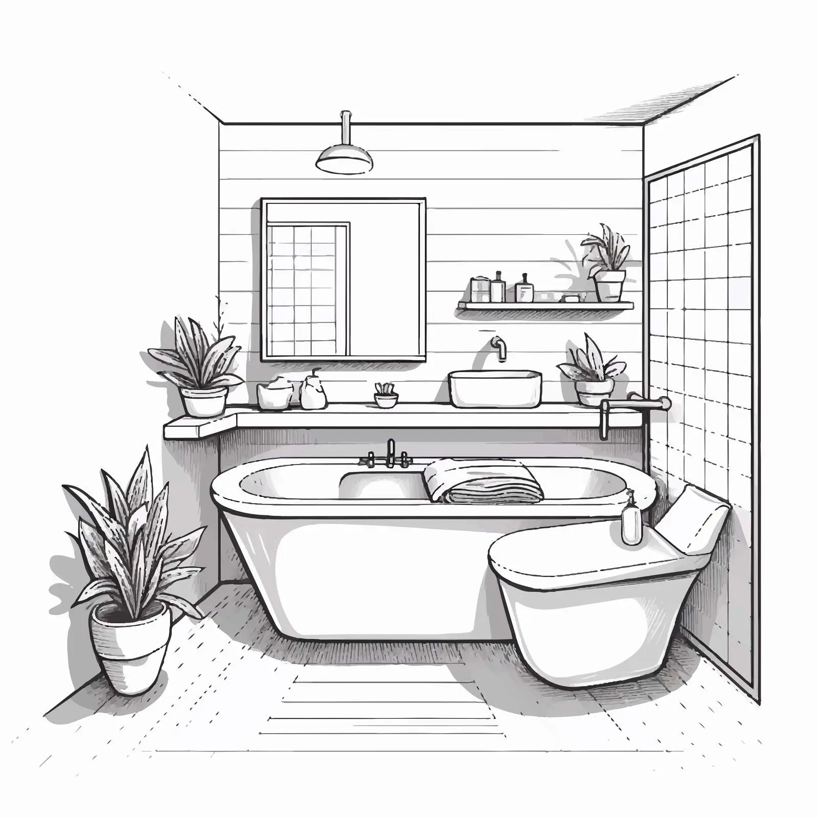 Hand-Drawn Modern Bathroom Interior Design Vector — free download from Dotvec