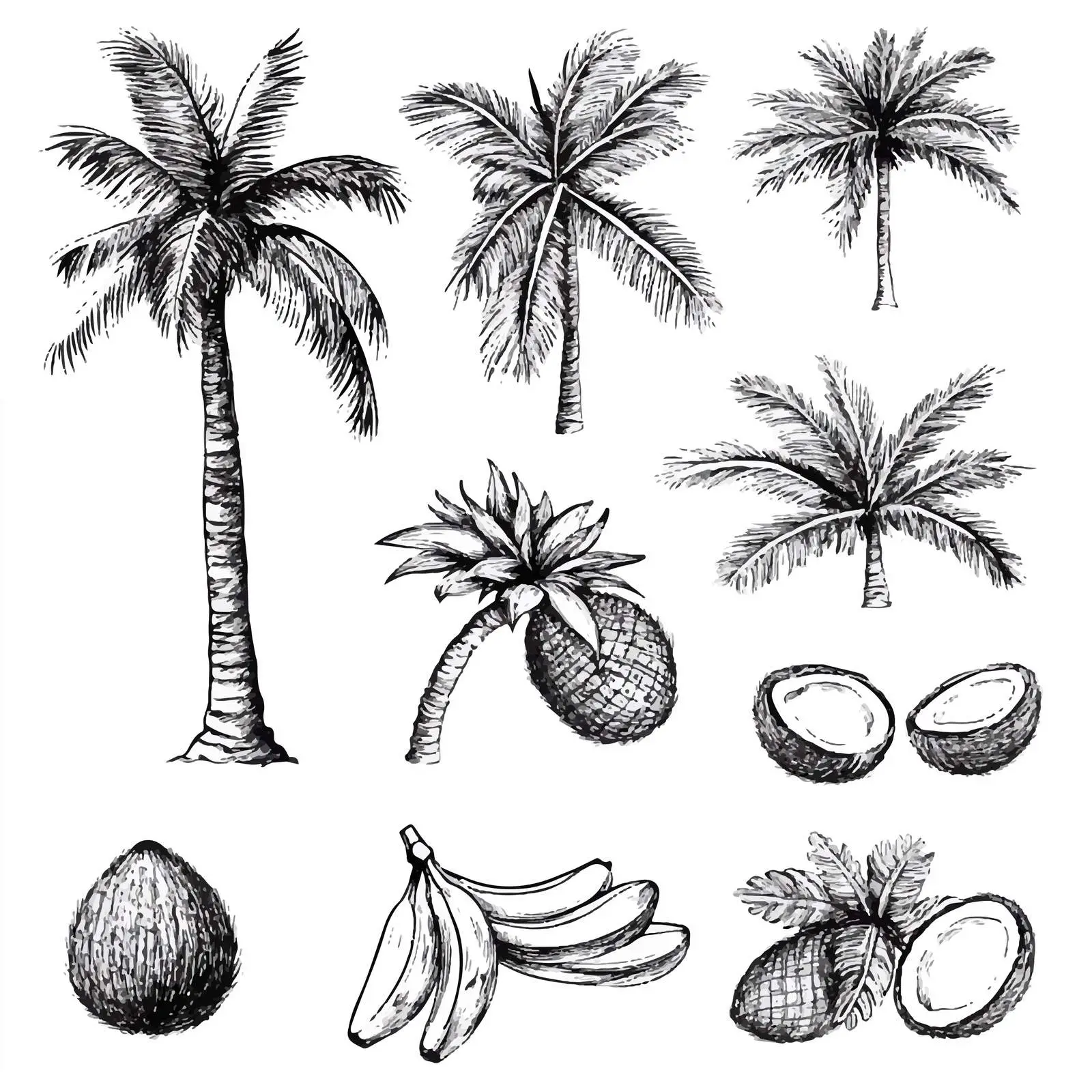 Hand Drawn Palm Trees and Coconuts Sketch Set – free sketch illustration image from Dotvec