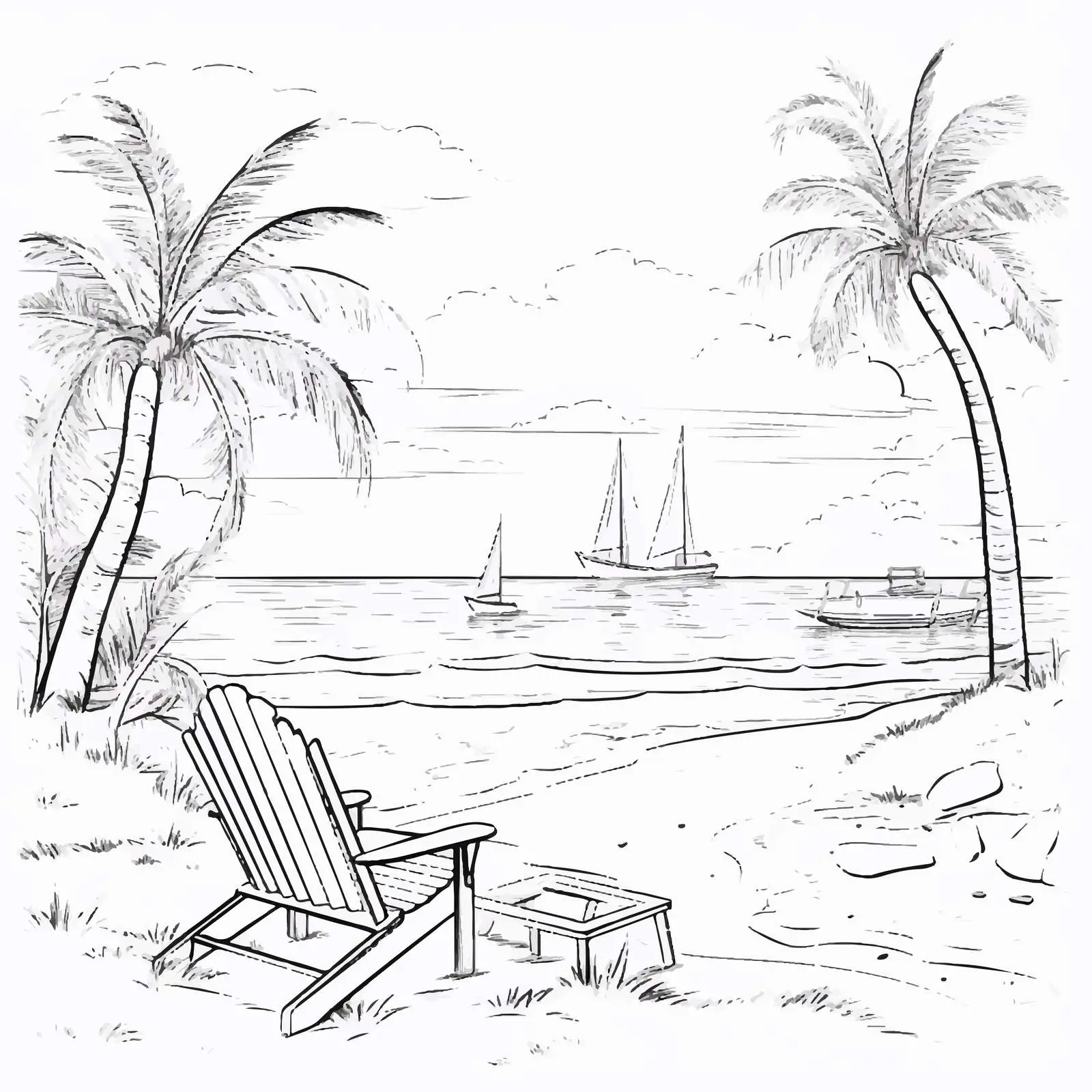 Hand-Drawn Tropical Seaside Landscape with Deck Chair — free download from Dotvec