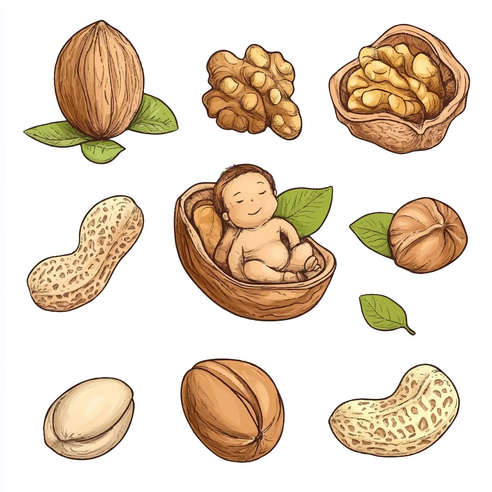 Hand-Drawn Assortment of Isolated Nuts — free download from Dotvec