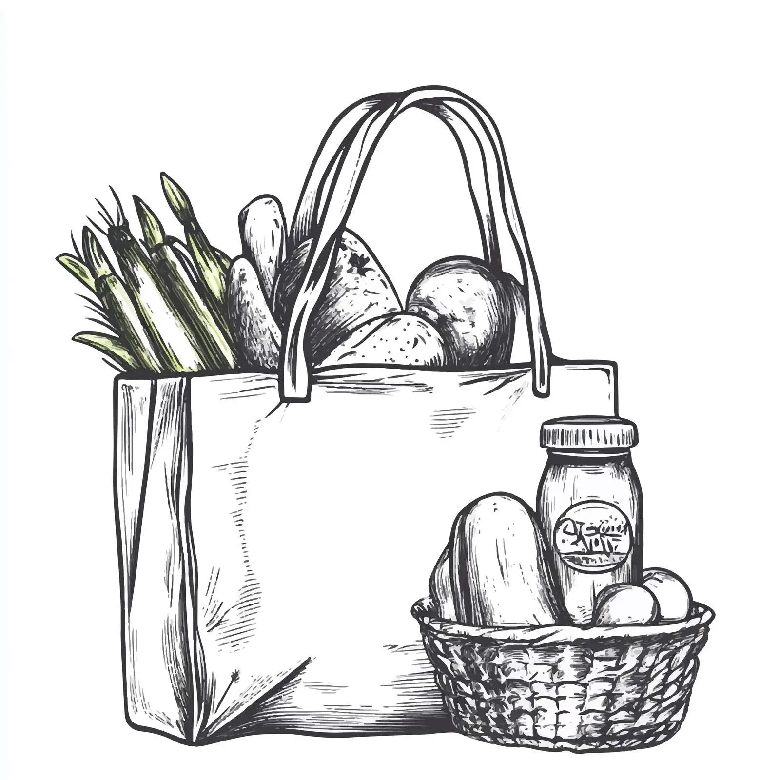 Hand Drawn Shopping Bag with Food Sketch — free download from Dotvec