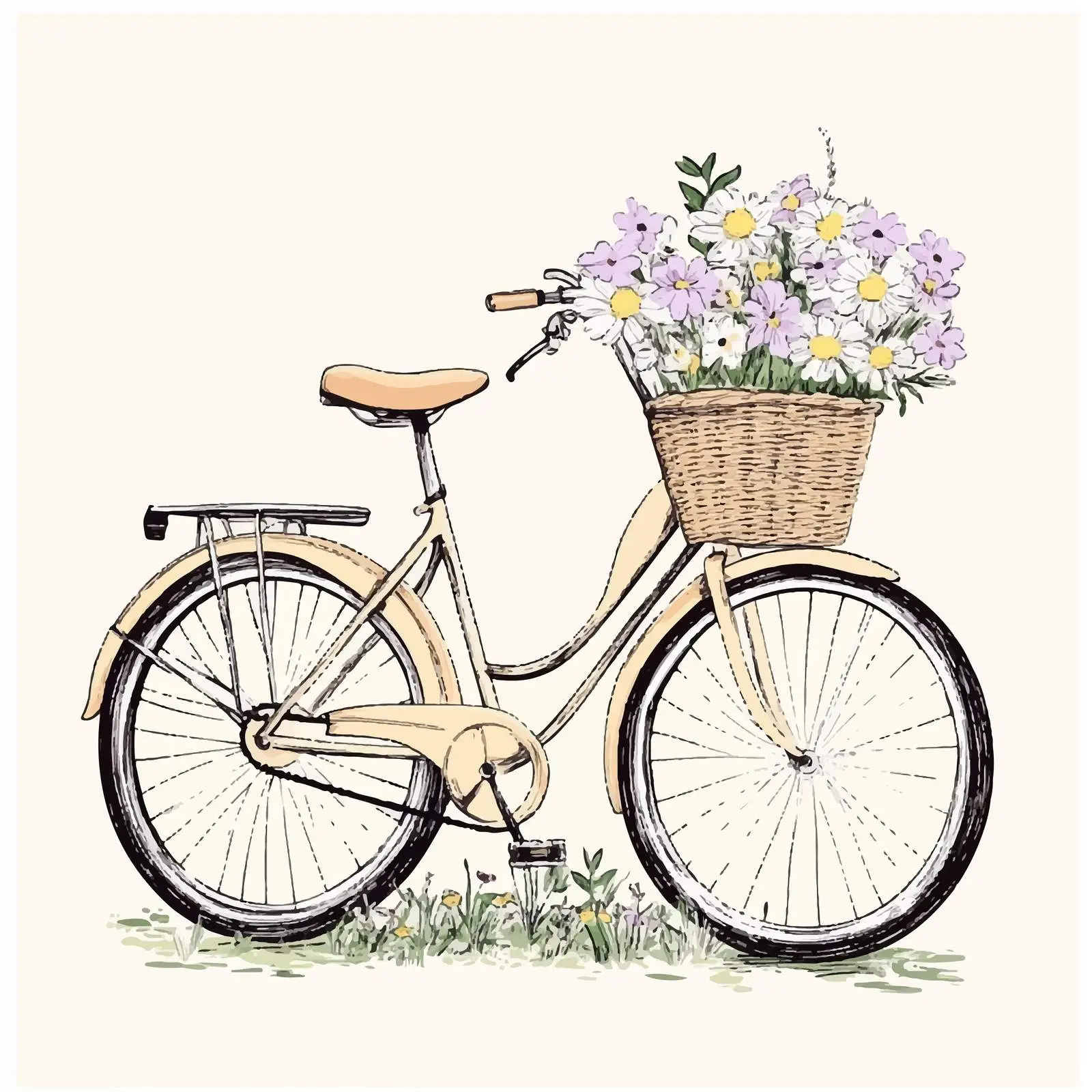 Hand-Drawn Bicycle with Floral Basket Vector Art — free download from Dotvec
