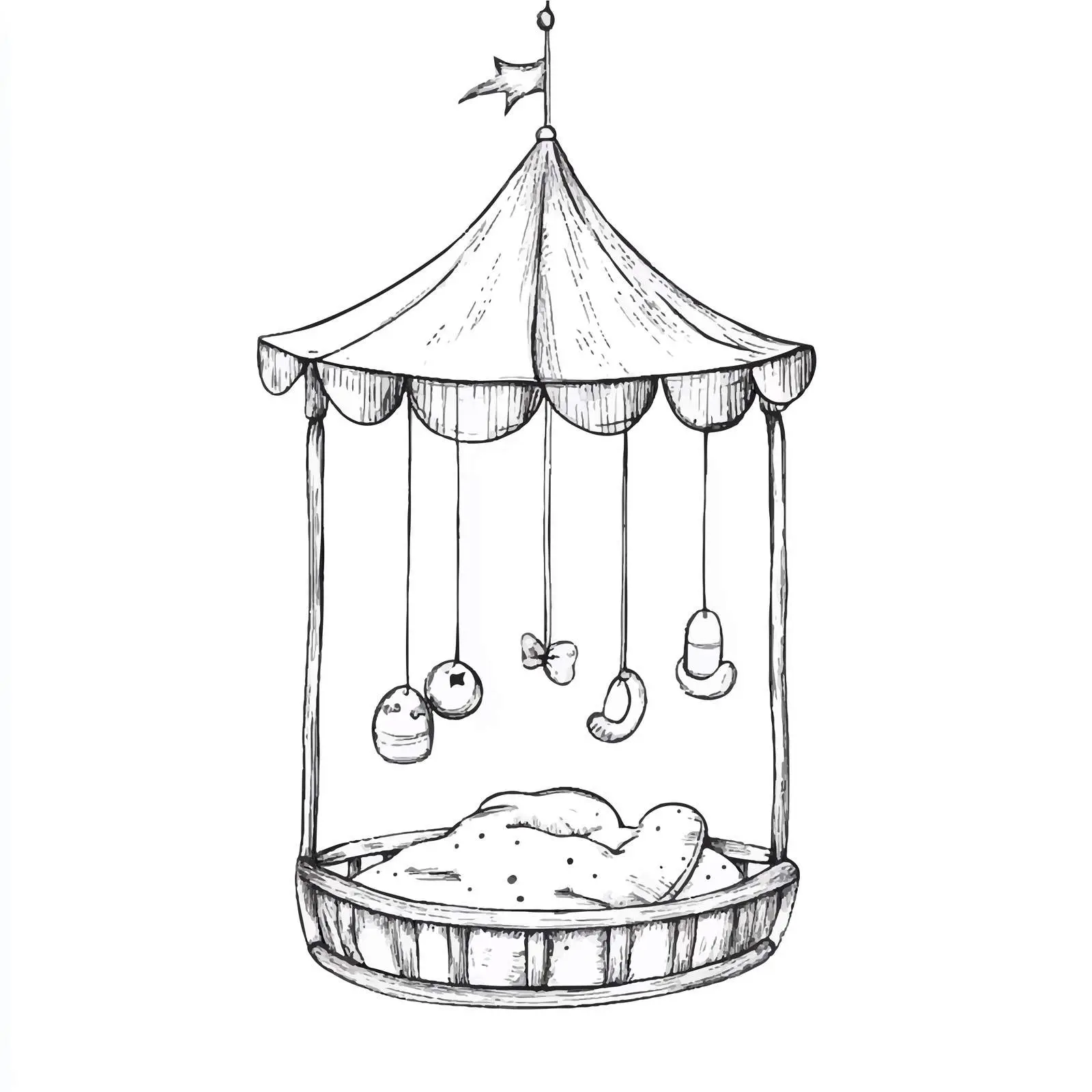 Hand Drawn Bed Carousel Rattle Sketch – free lullaby image from Dotvec