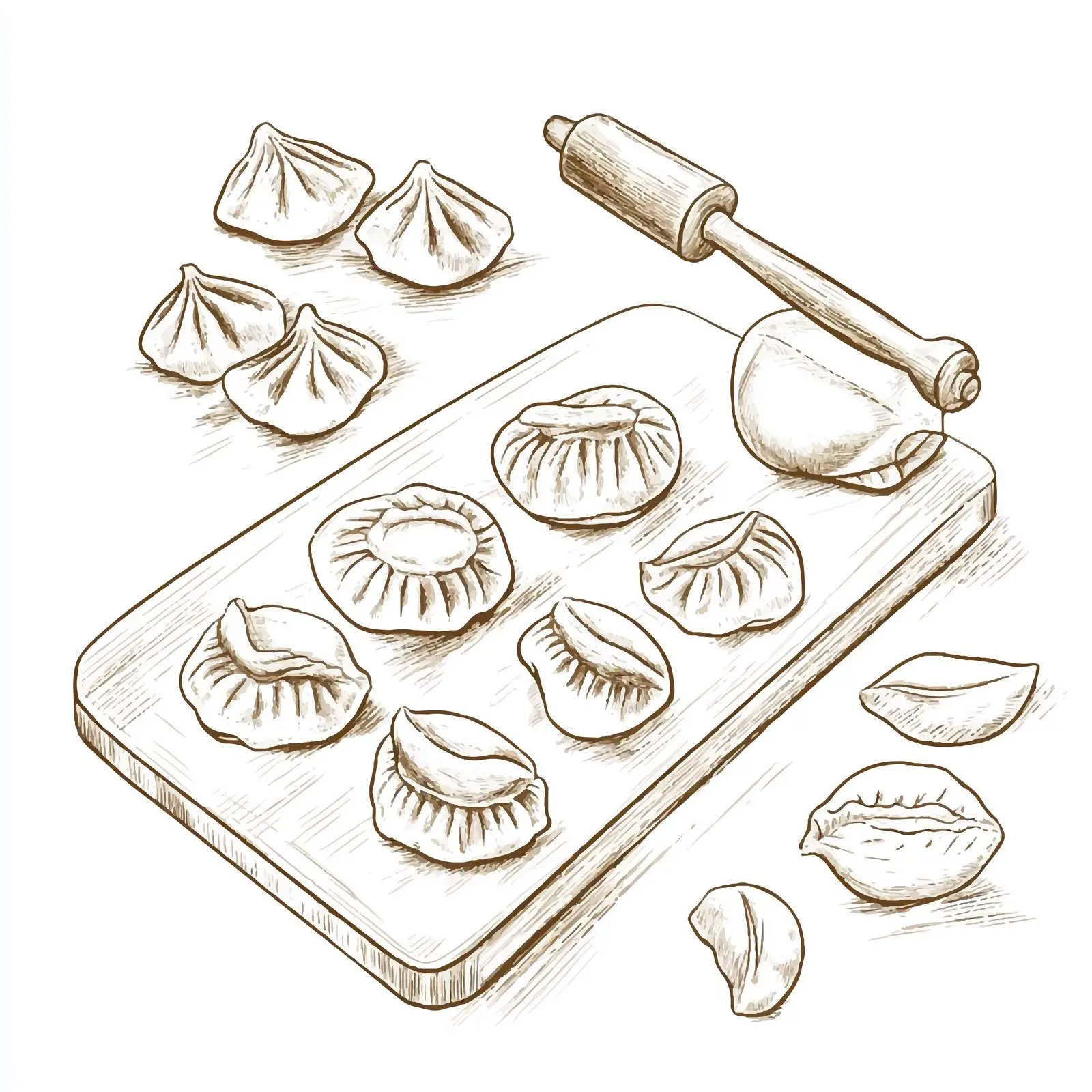Hand-Drawn Dumplings on Rolling Pin Sketch – free dumpling image from Dotvec
