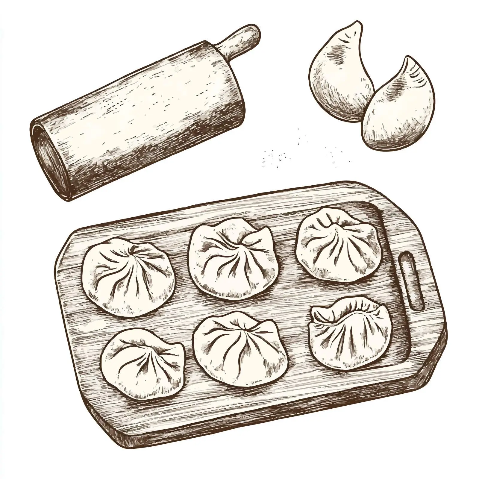 Hand-Drawn Dumpling Board and Rolling Pin Sketch – free dumpling image from Dotvec
