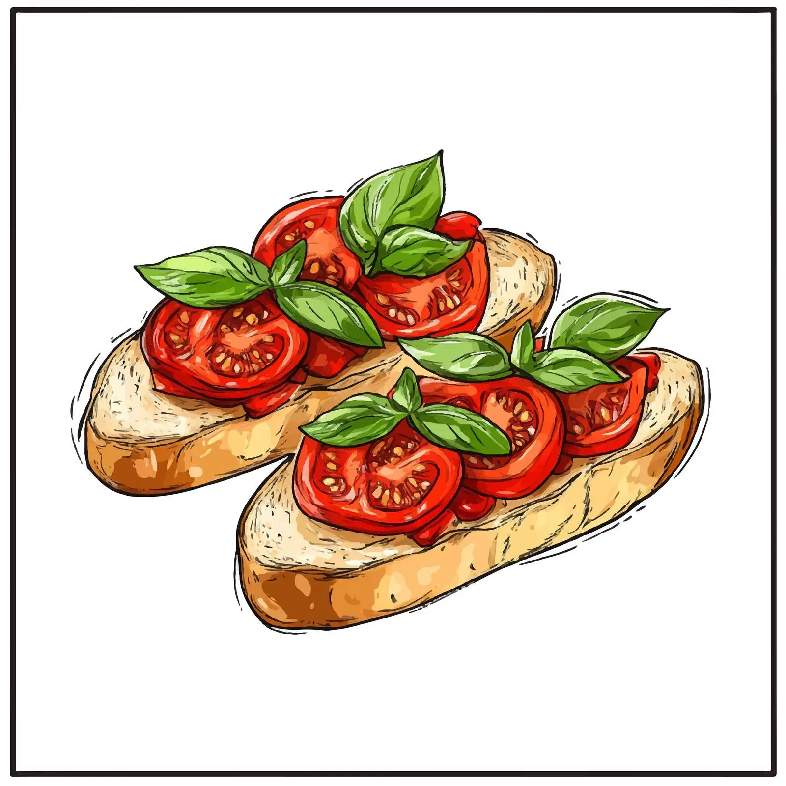Hand-Drawn Bruschetta Sketch with Tomato and Basil — free download from Dotvec