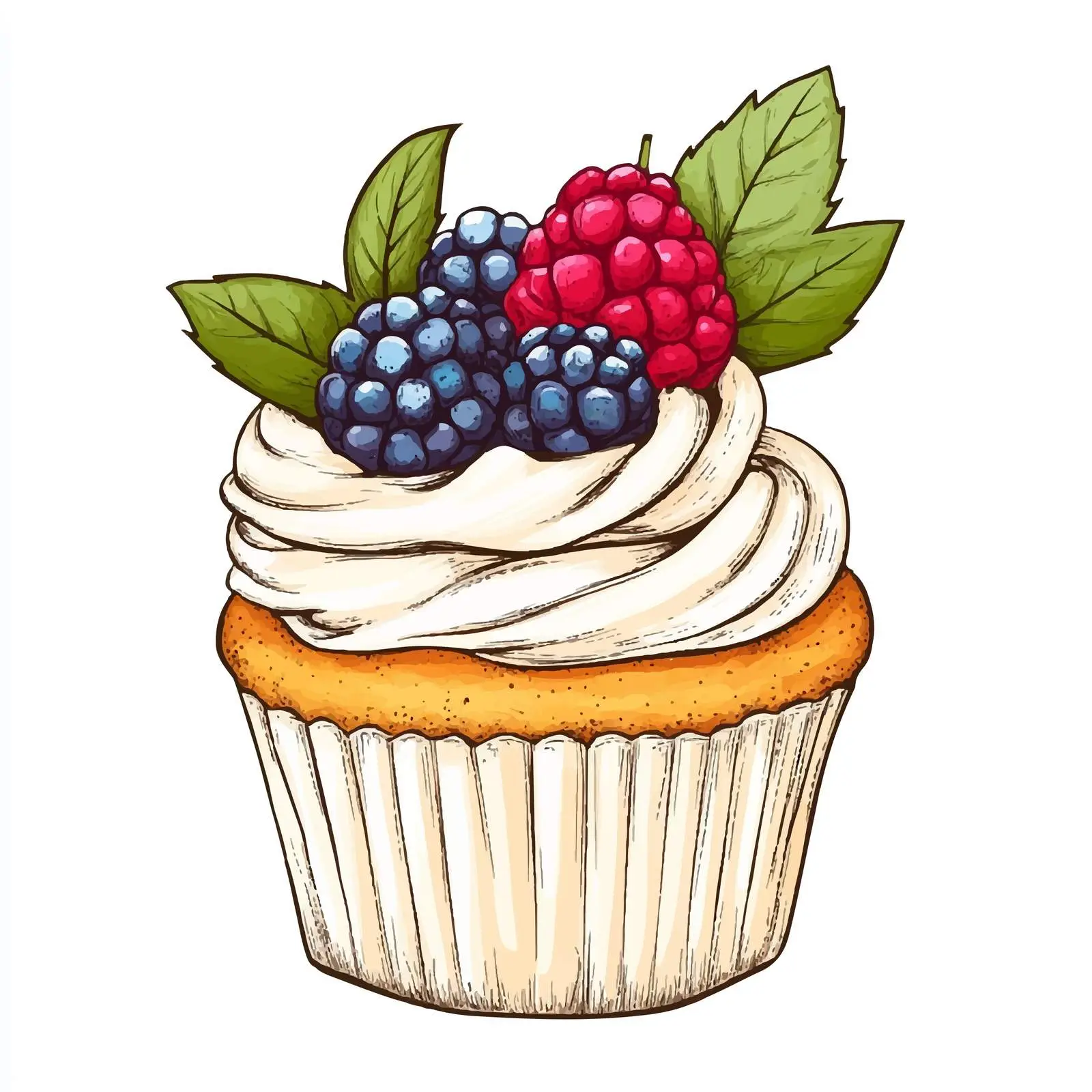 Hand Drawn Cupcake with Berries and Mint — free download from Dotvec