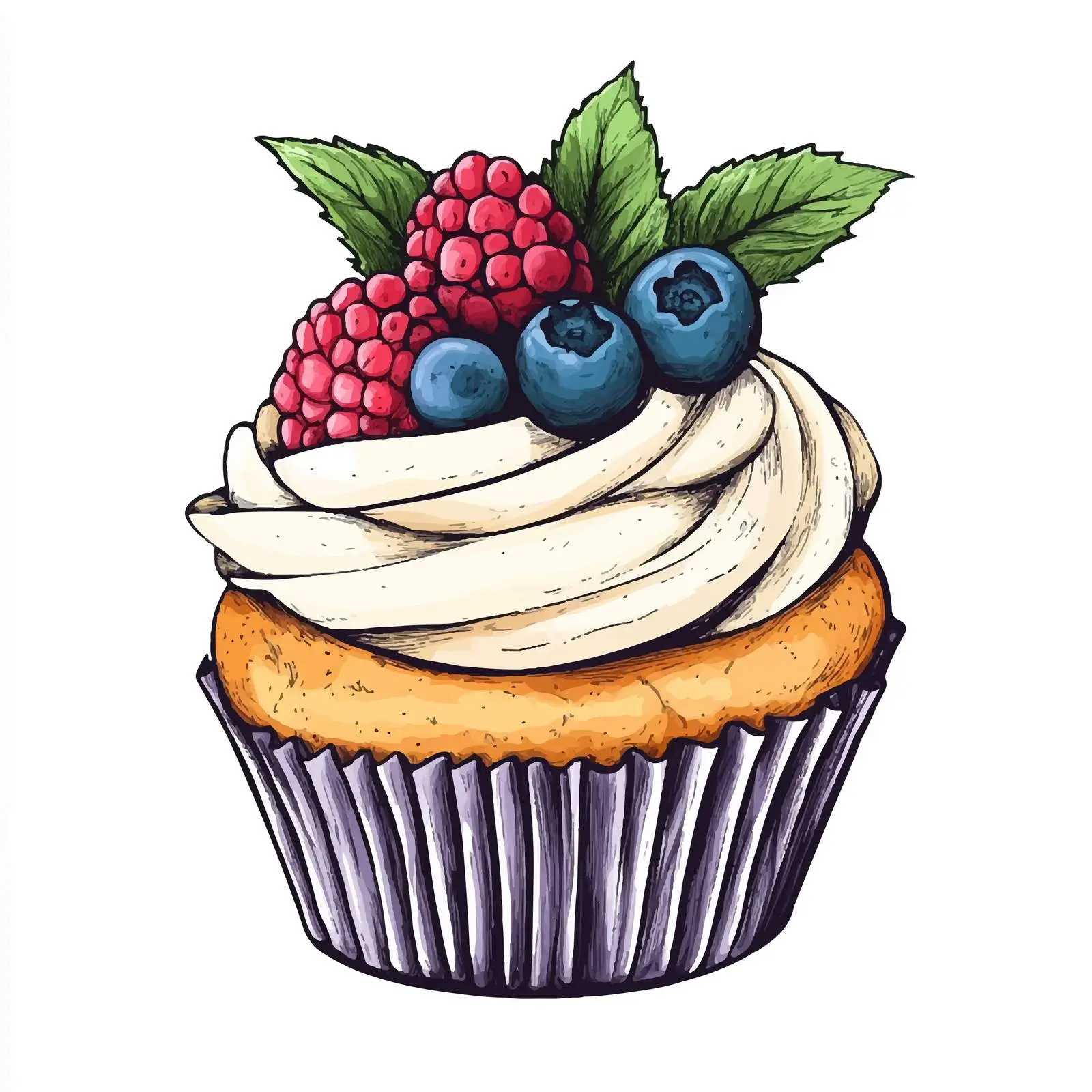Hand-Drawn Cupcake with Berries and Mint — free download from Dotvec